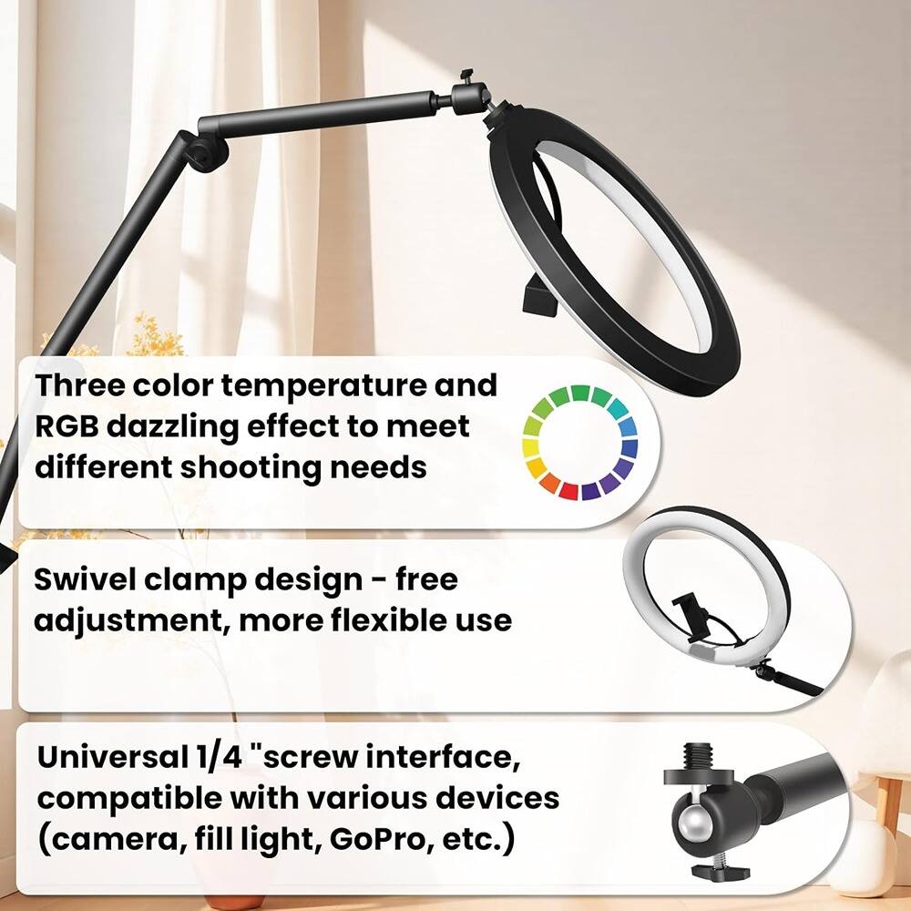 Three color temperature and RGB dazzling effect to meet different shooting needs

Swivel clamp design - free adjustment, more flexible use

Universal 1/4" screw interface, compatible with various devices (camera, fill light, GoPro, etc.)