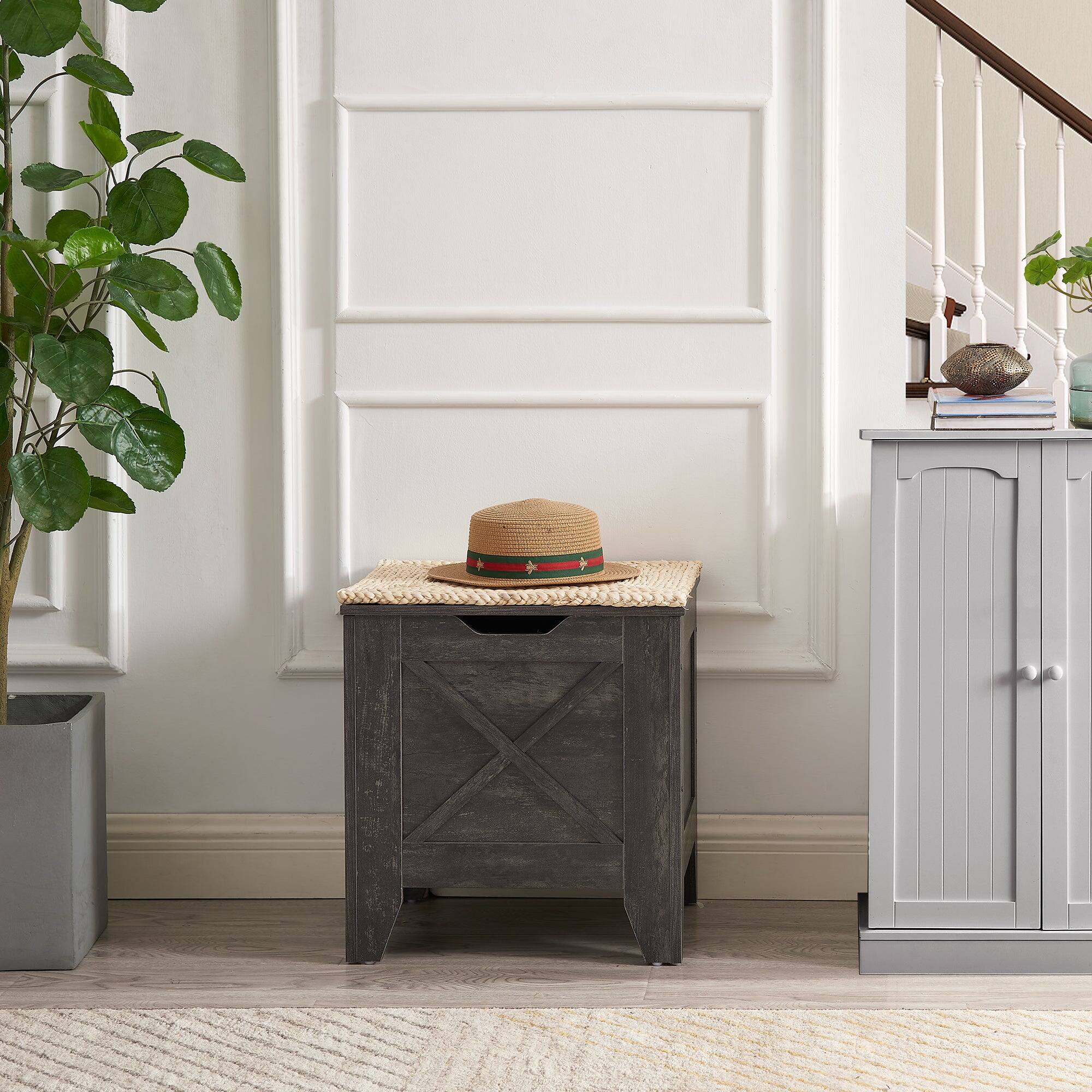 Alt View 1. Vecelo - 17.7" Wood Storage Chest with Safety Hinge, Entryway Storage Bench Trunk with Lid - Grey.