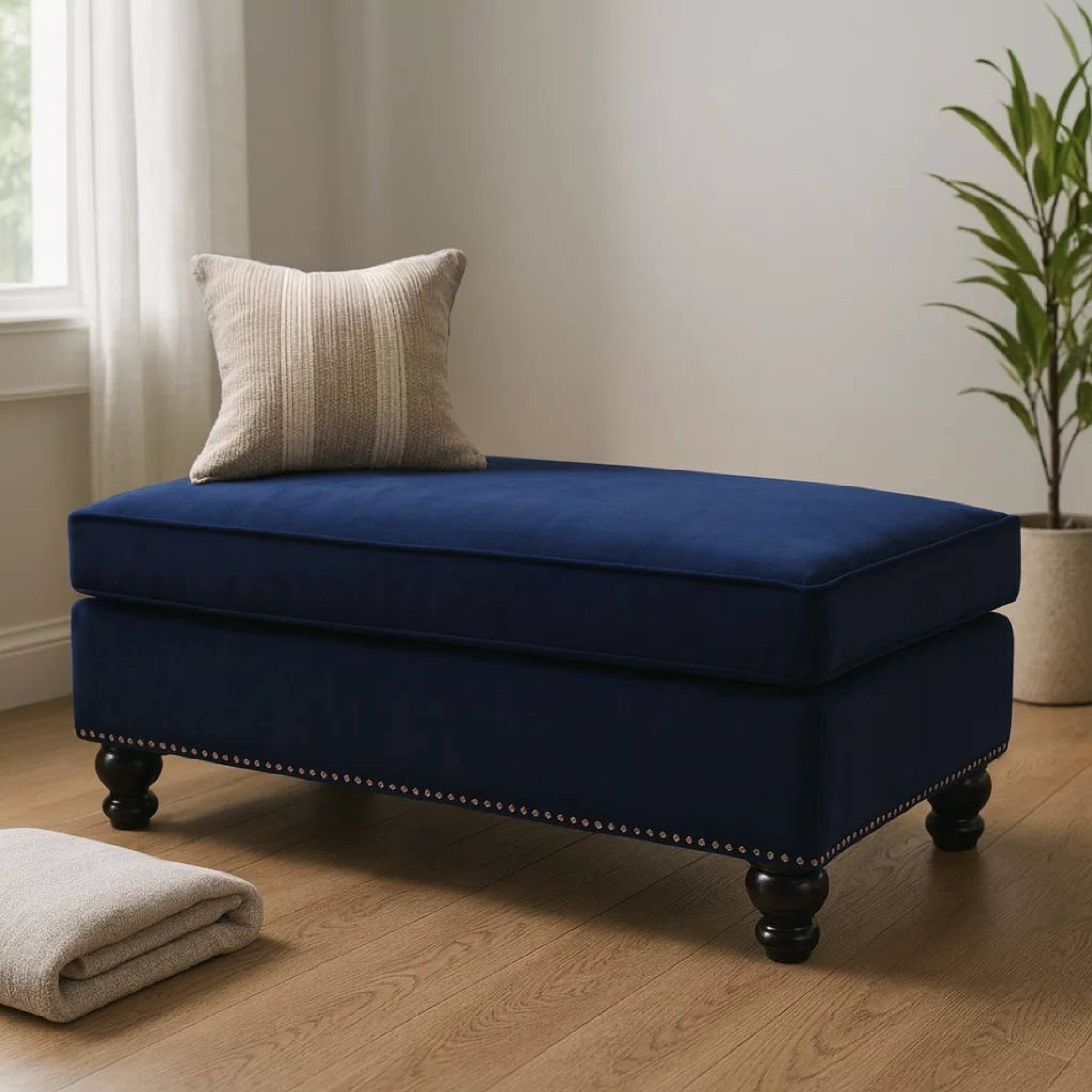 Alt View 5. Manhattan Lane - 46 Inches Nailhead Trim Velvet Upholstered Ottoman - Blue.