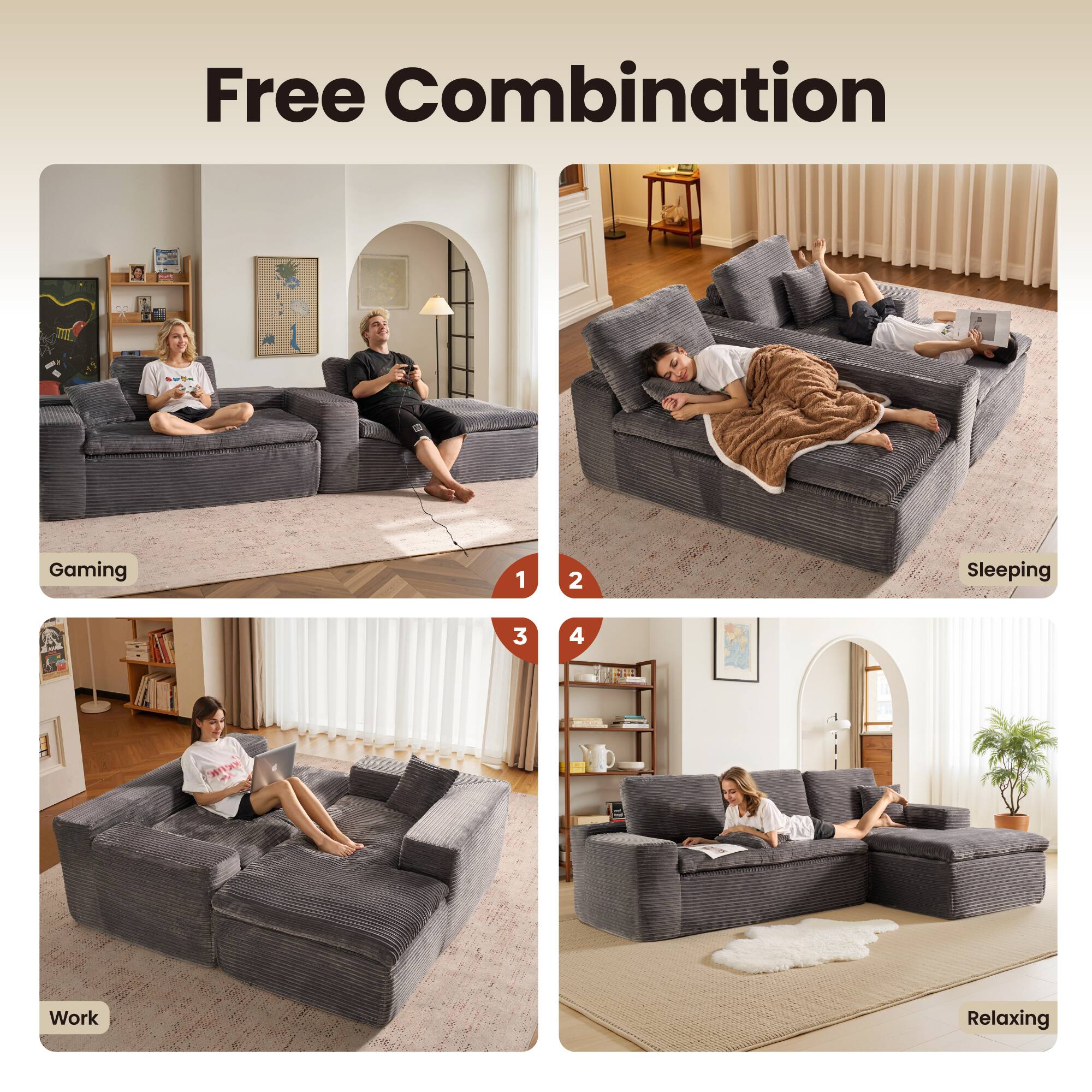 Free Combination

1. Gaming
2. Sleeping
3. Work
4. Relaxing
