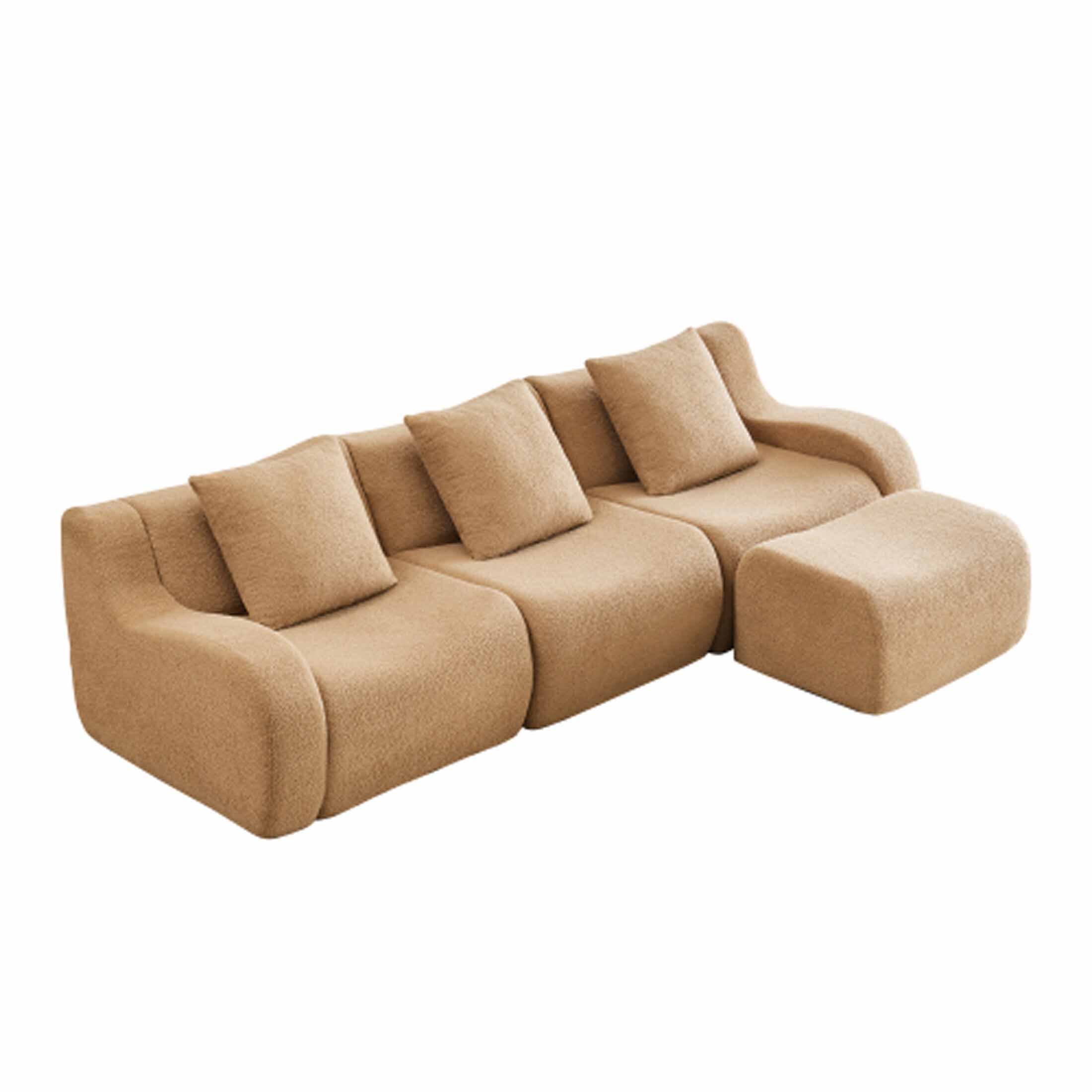 Back. Aukfa - Modular Teddy Fabric Sofa - 3-Seat Sectional with 1 Ottoman, Soft Boneless Design for Living Room - Camel.