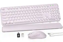 PRIMEPLUS - Wireless Keyboard & Mouse, Round Keycaps, Magnetic Wrist Rest, Retro Typewriter, 2.4G, Auto Sleep, Purple, Mac/Windows - Glowing Pastel Purple