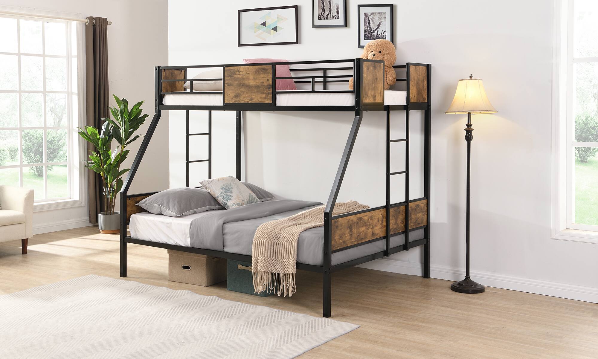 Back. Trinkets Crazed - Twin Over Full Metal Bunk Bed, Metal Bed with 2 Ladders and Full-Length Guardrail, No Box Spring Needed - Black.