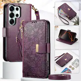 Dteck - Floral Embossed Leather Zipper Cash Slot Wallet Case for Samsung Galaxy S26 Ultra with Detachable Strap - Purple