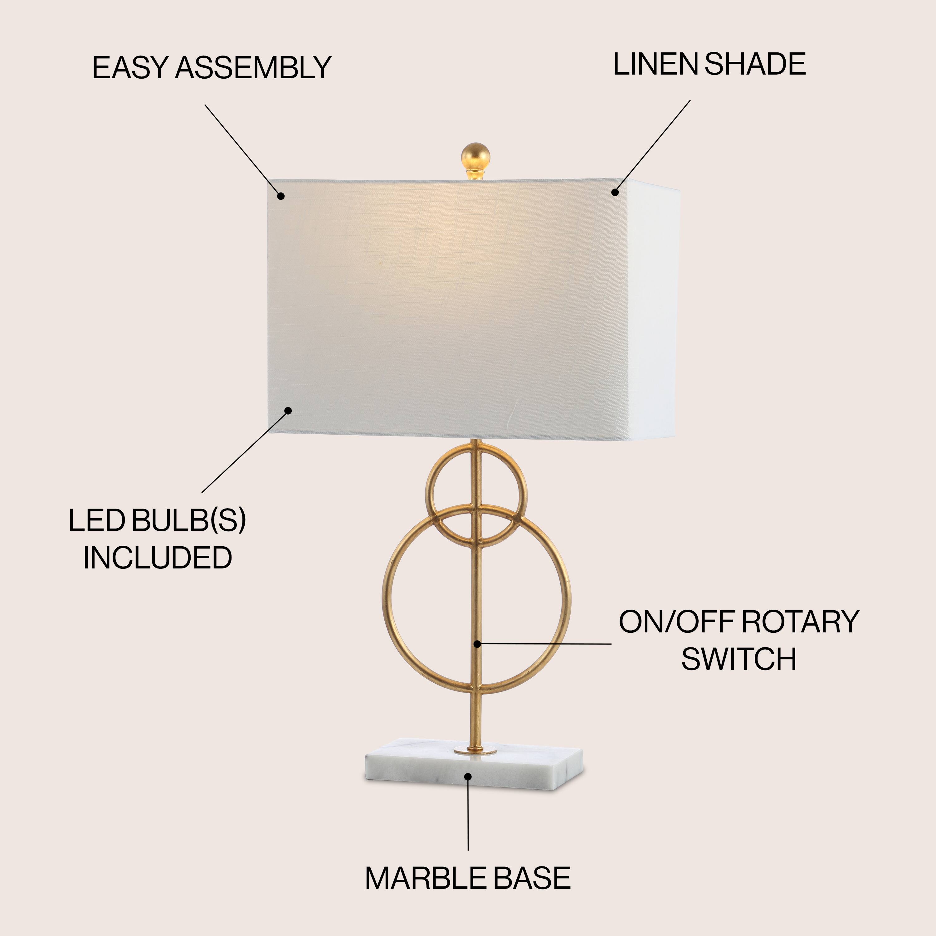 EASY ASSEMBLY  
LINEN SHADE  
LED BULB(S) INCLUDED  
ON/OFF ROTARY SWITCH  
MARBLE BASE