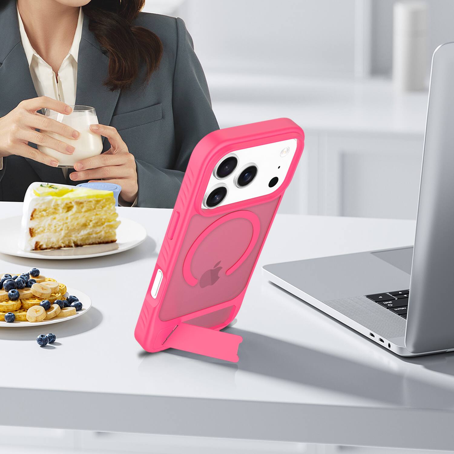 Alt View 3. Dteck - for Apple iPhone 17 Pro Max Translucent Matte Case,Shockproof Stand Slim Mag Safe Cover with Tempered Glass Flim - Rose.