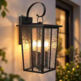 RYHNUYNE - Dusk To Dawn 18.5 In Outdoor Wall Lantern, 3-Light Waterproof Ripple Glass Exterior Light Fixture - Black