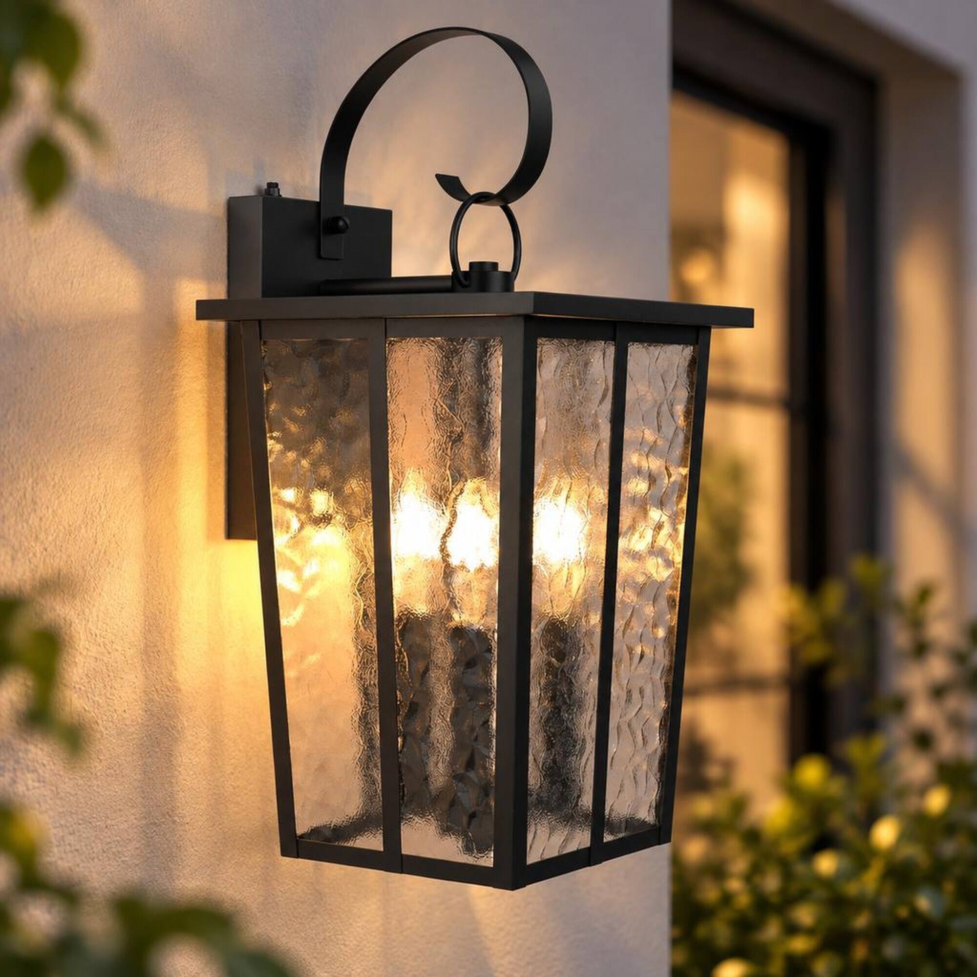 Front. RYHNUYNE - Dusk To Dawn 18.5 In Outdoor Wall Lantern, 3-Light Waterproof Ripple Glass Exterior Light Fixture Black - Black.