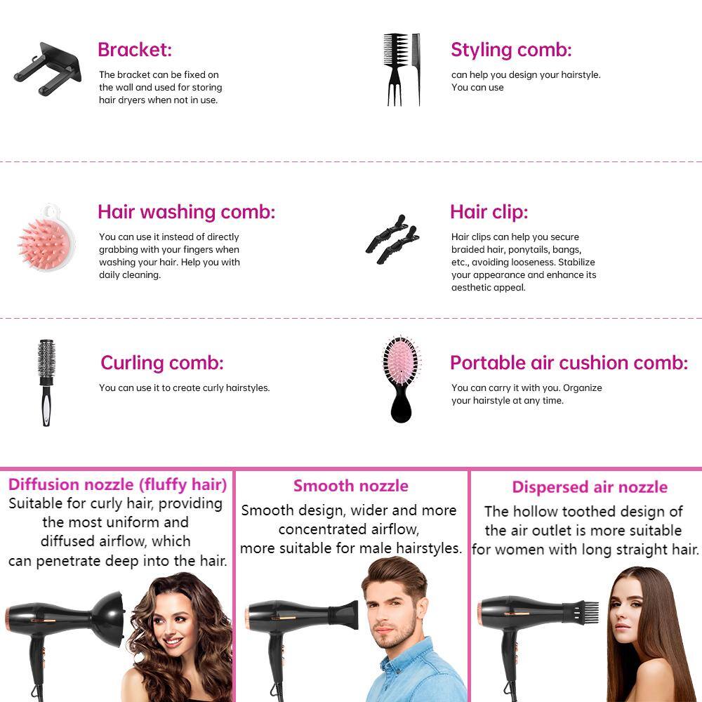 **Bracket:**
The bracket can be fixed on the wall and used for storing hair dryers when not in use.

**Hair washing comb:**
You can use it instead of directly grabbing with your fingers when washing your hair. Help you with daily cleaning.

**Styling comb:**
can help you design your hairstyle. You can use

**Hair clip:**
Hair clips can help you secure braided hair, ponytails, bangs, etc., avoiding looseness. Stabilize your appearance and enhance its aesthetic appeal.

**Curling comb:**
You can use it to create curly hairstyles.

**Portable air cushion comb:**
You can carry it with you. Organize your hairstyle at any time.

**Diffusion nozzle (fluffy hair):**
Suitable for curly hair, providing the most uniform and diffused airflow, which can penetrate deep into the hair.

**Smooth nozzle:**
Smooth design, wider and more concentrated airflow, which is more suitable for male hairstyles.

**Dispersed air nozzle:**
The hollow toothed design of the air outlet is more suitable for women with long straight hair.