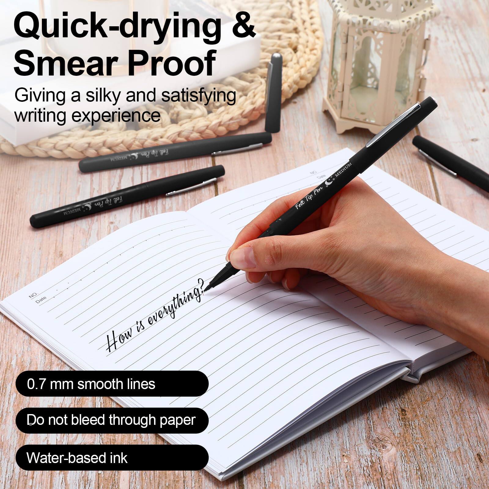 Quick-drying & Smea Proof  
Giving a silky and satisfying writing experience  

0.7 mm smooth lines  
Do not bleed through paper  
Water-based ink  

How is everything?