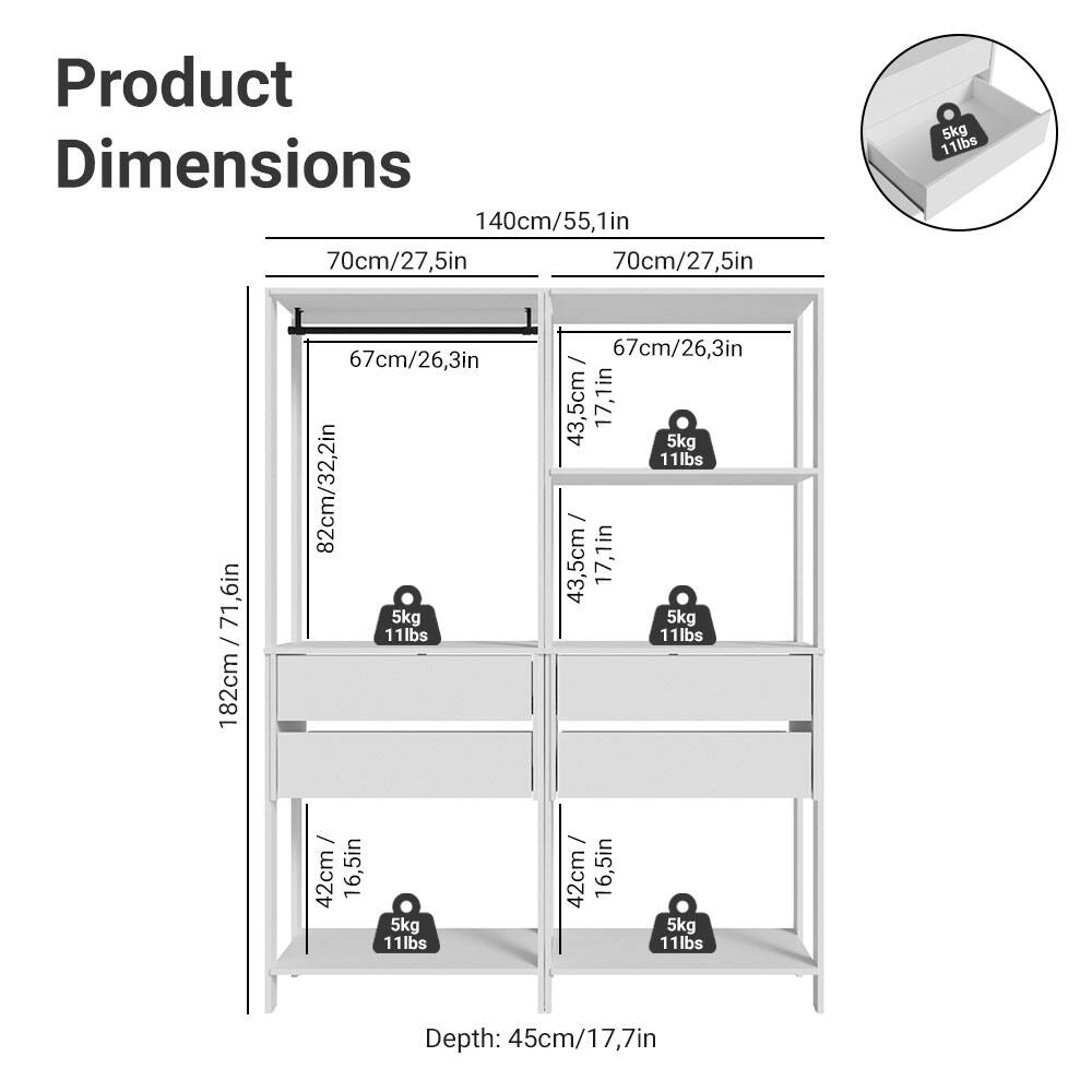 Product Dimensions

- Height: 140cm / 55.1in
- Width: 70cm / 27.5in
- Depth: 45cm / 17.7in

- Shelf 1:
  - Height: 67cm / 26.3in
  - Width: 70cm / 27.5in
  - Depth: 43.5cm / 17.1in
  - Load Capacity: 5kg / 11lbs

- Shelf 2:
  - Height: 67cm / 26.3in
  - Width: 70cm / 27.5in
  - Depth: 43.5cm / 17.1in
  - Load Capacity: 5kg / 11lbs

- Shelf 3:
  - Height: 42cm / 16.5in
  - Width: 70cm / 27.5in
  - Depth: 43.5cm / 17.1in
  - Load Capacity: 5kg / 11lbs

