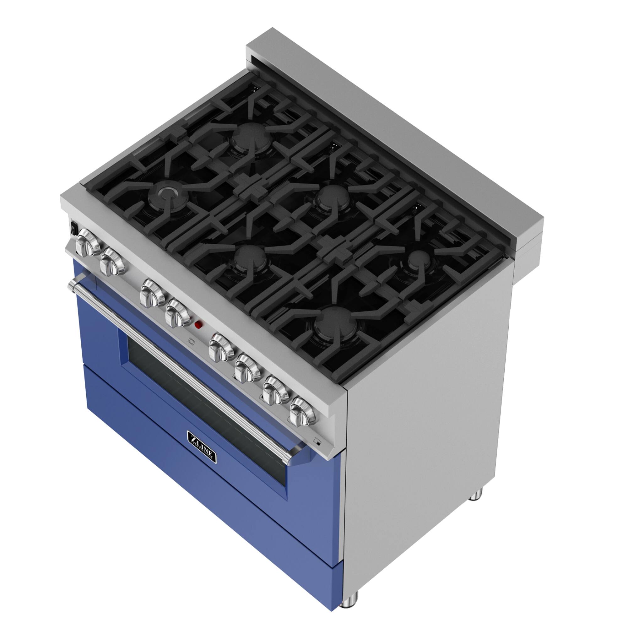 The image features a stainless steel oven with a blue door, sitting on top of a white counter. The oven has a silver and black design, and it is a stove top oven. The oven is empty, with no food or cookware visible in the image.