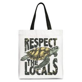 OrnamentallyYou - Respect the Locals Turtles Canvas Tote Bag, Retro Grunge Gift for Ocean and Beach Lovers - White Black