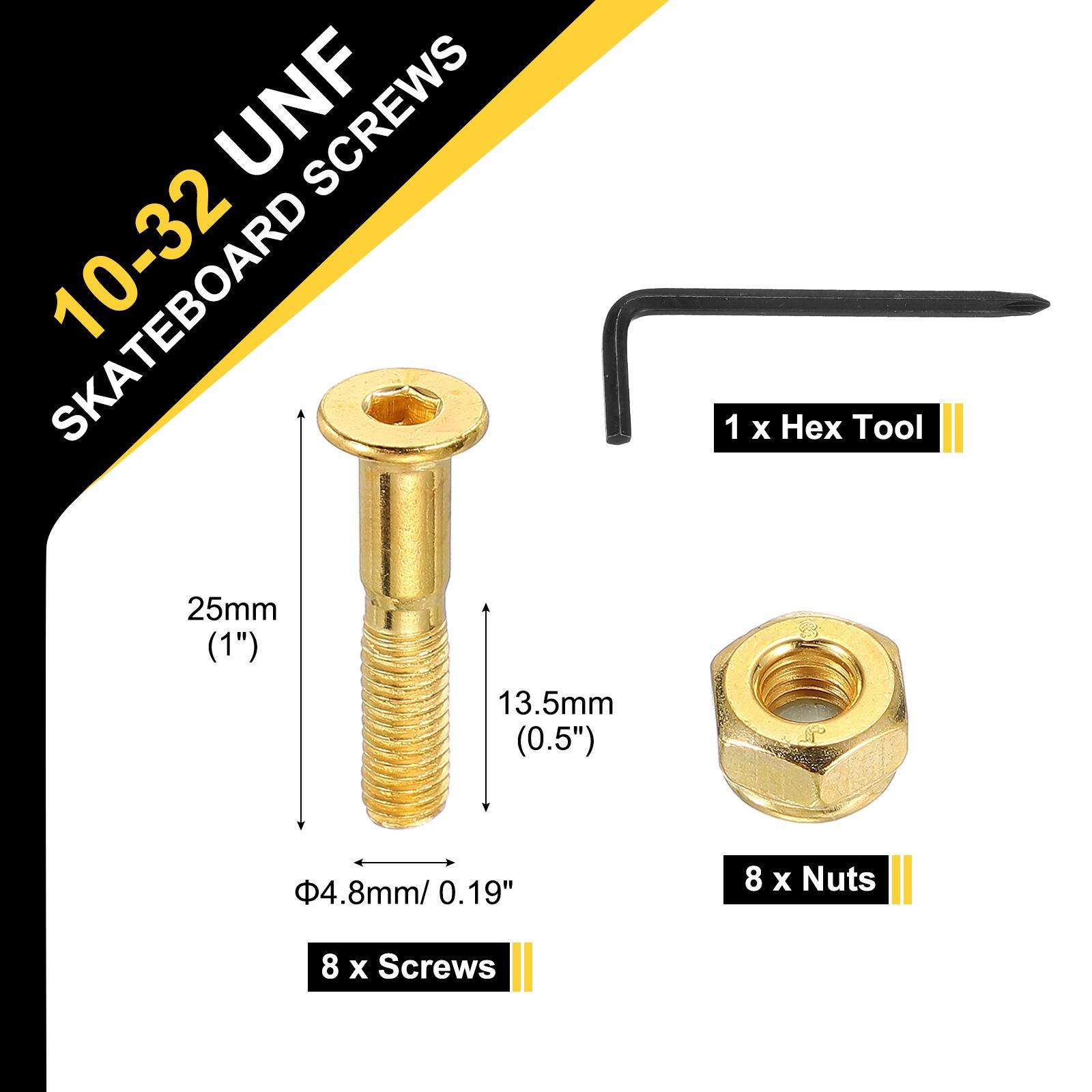 10-32 UNF SKATEBOARD SCREWS

25mm (1")  
13.5mm (0.5")  
1 x Hex Tool 4.8mm/0.19"  
8 x Nuts  
8 x Screws