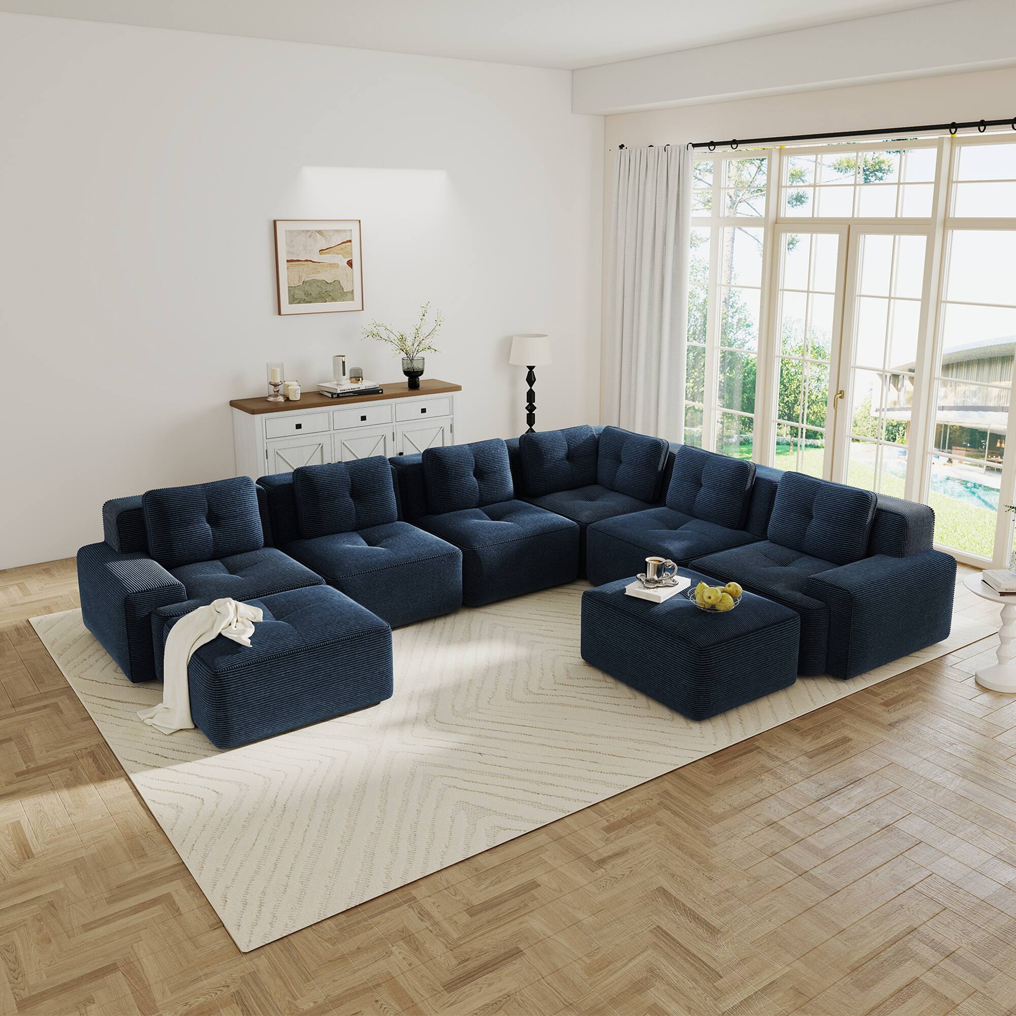 Front. LOVMOR - 6 Seater V Shaped Modular Corduroy Sectional Couch Storage Ottoman No Assembly Compressed Pack Tufted For Soft - Blue.