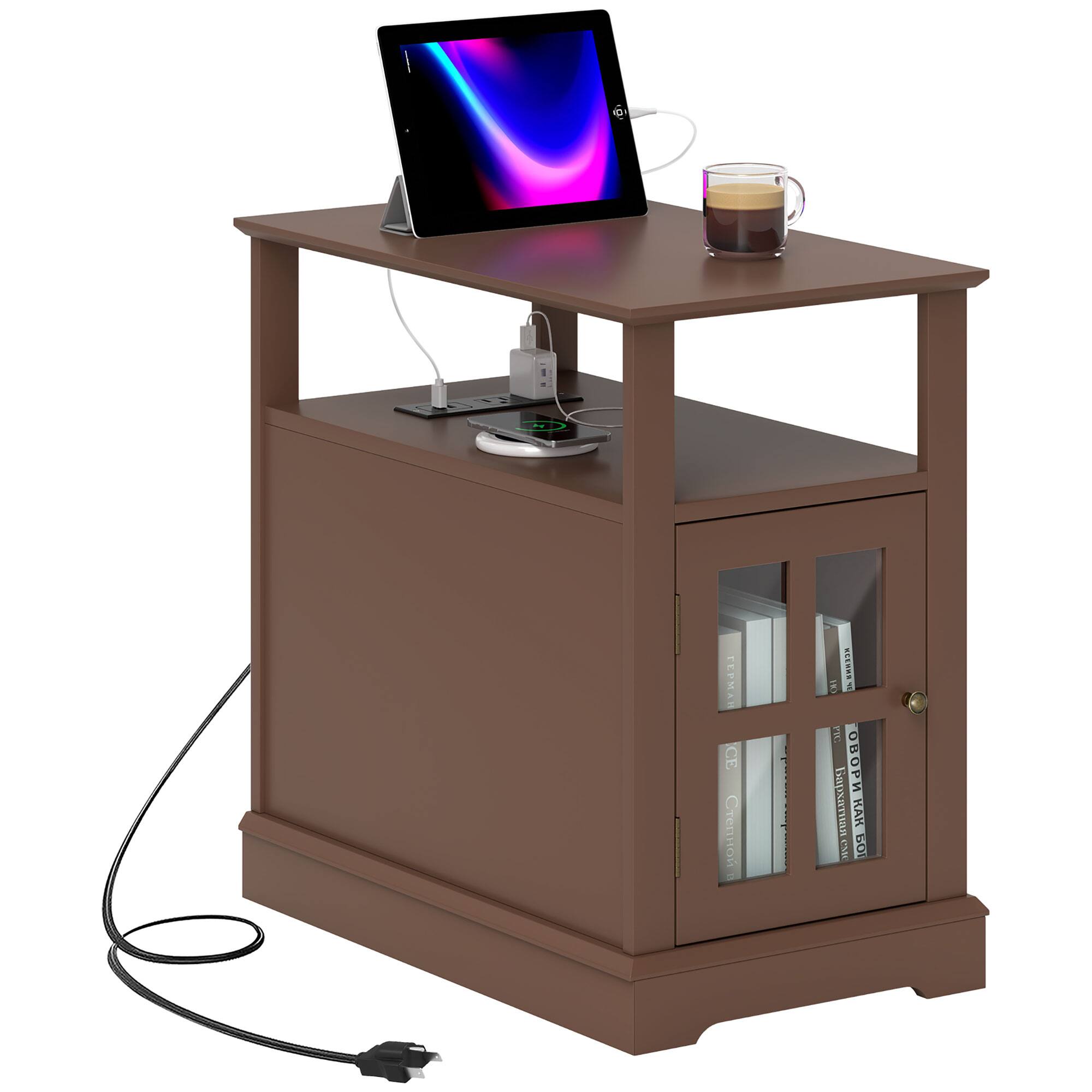 Homcom - End Table w/ Charging Station, USB Ports & Outlets, Hidden Storage & Open Shelf - Brown