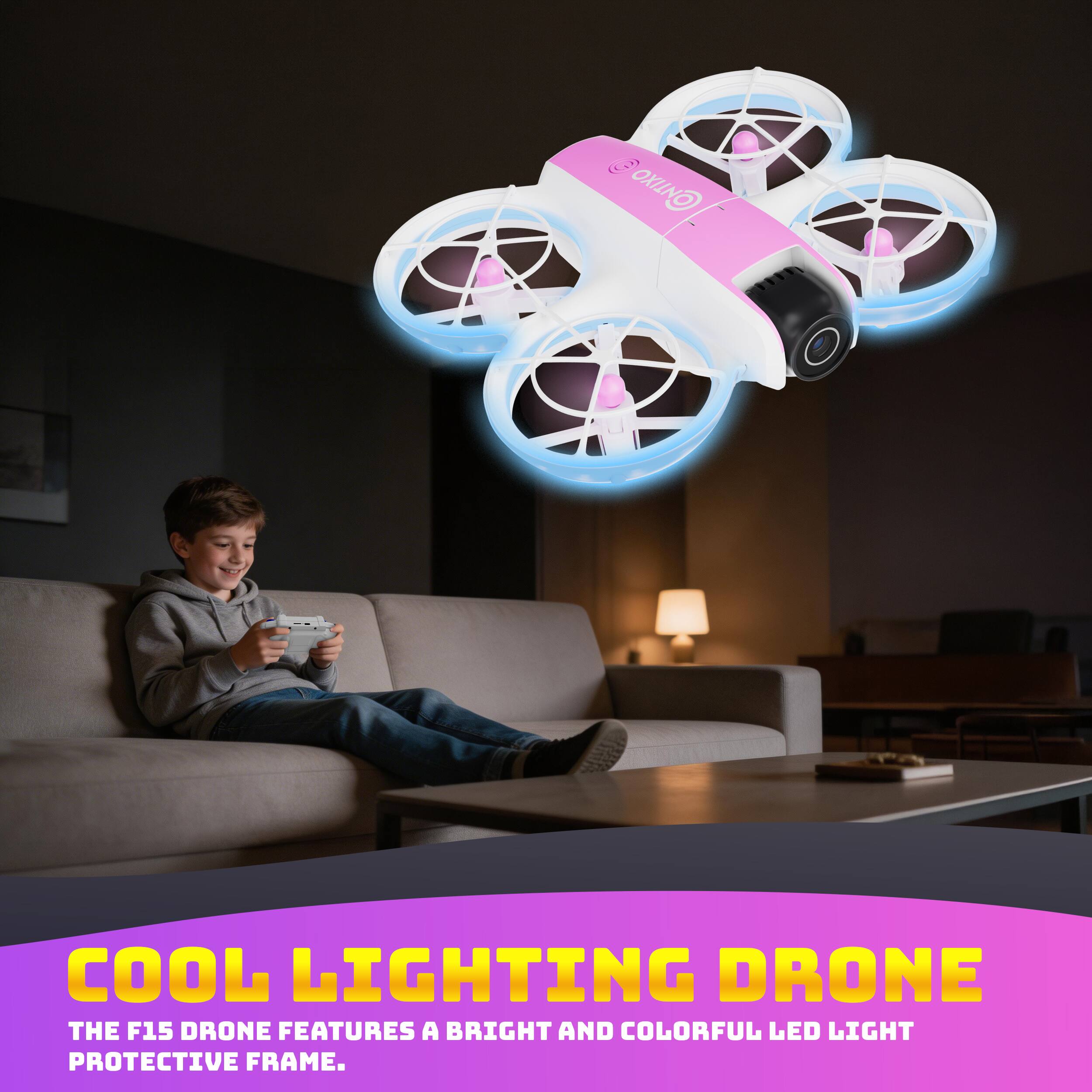 COOL LIGHTING DRONE  
THE F15 DRONE FEATURES A BRIGHT AND COLORFUL LED LIGHT PROTECTIVE FRAME.