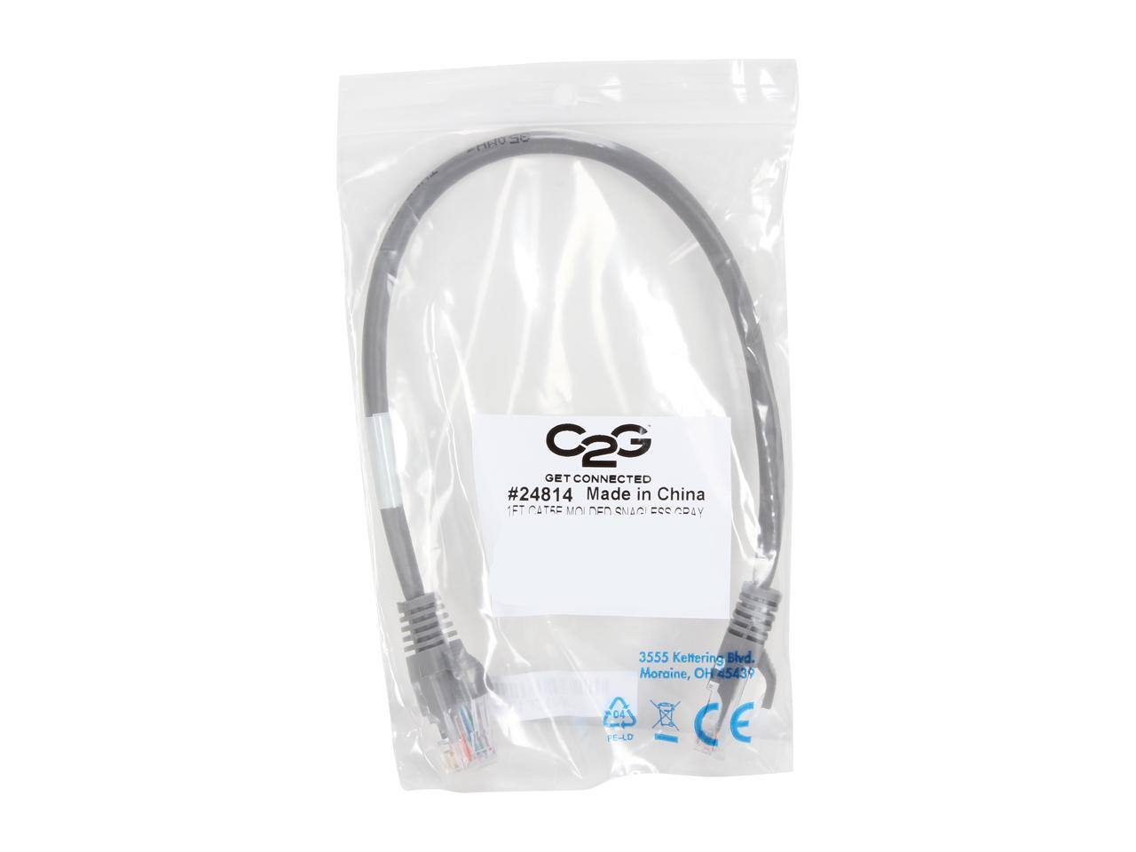 C2G GET CONNECTED  
#24814 Made in China  
1FT CAT5E MOJDED SNAGLESS GRAY  

3555 Kettering Blvd.  
Moraine, OH 45439  

CE  
FCC  
RoHS  

04 FE-LD