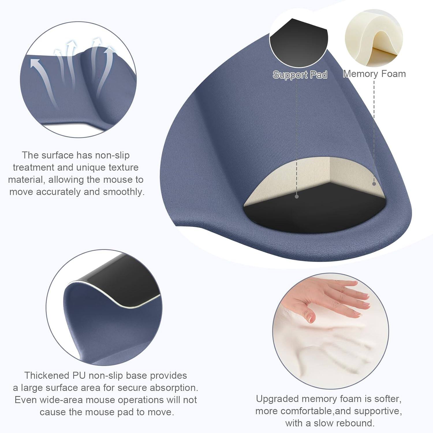 Support Pad Memory Foam

The surface has non-slip treatment and unique texture material, allowing the mouse to move accurately and smoothly.

Thickened PU non-slip base provides a large surface area for secure absorption. Even wide-area mouse operations will not cause the mouse pad to move.

Upgraded memory foam is softer, more comfortable, and supportive, with a slow rebound.