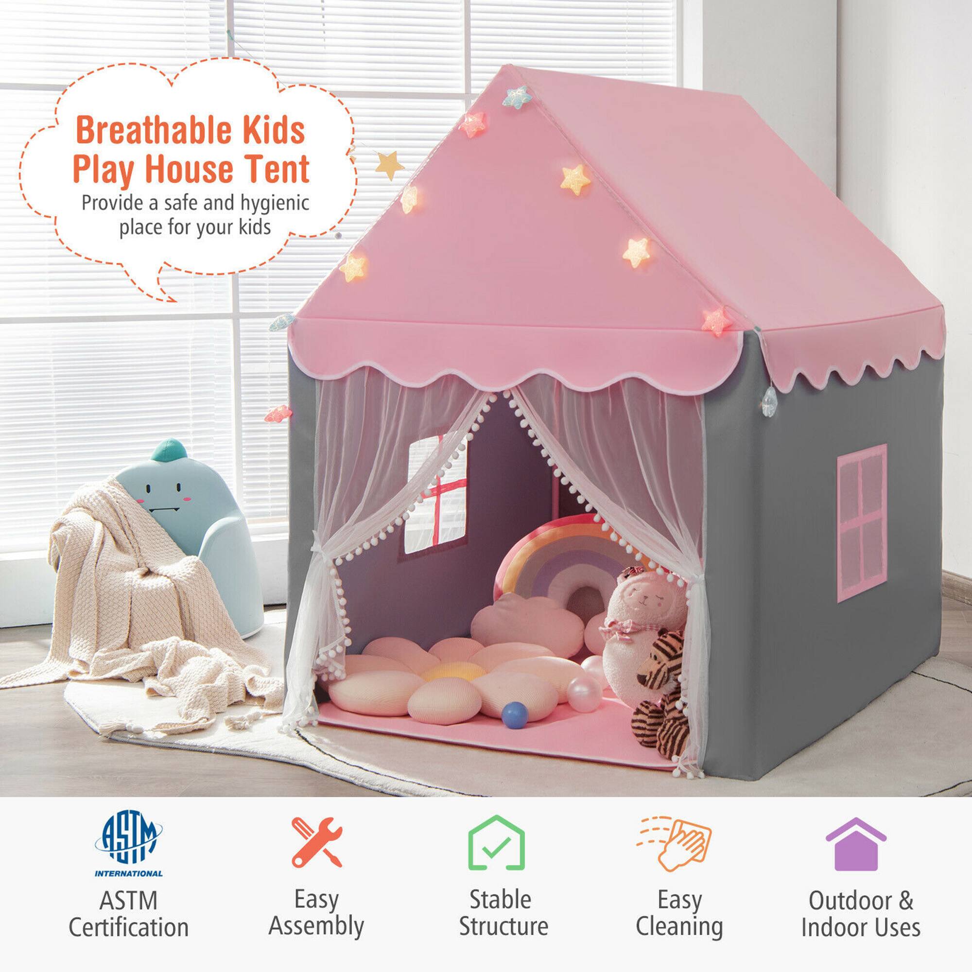Breathable Kids Play House Tent  
Provide a safe and hygienic place for your kids  

ASTM Certification  
Easy Assembly  
Stable Structure  
Easy Cleaning  
Outdoor & Indoor Uses