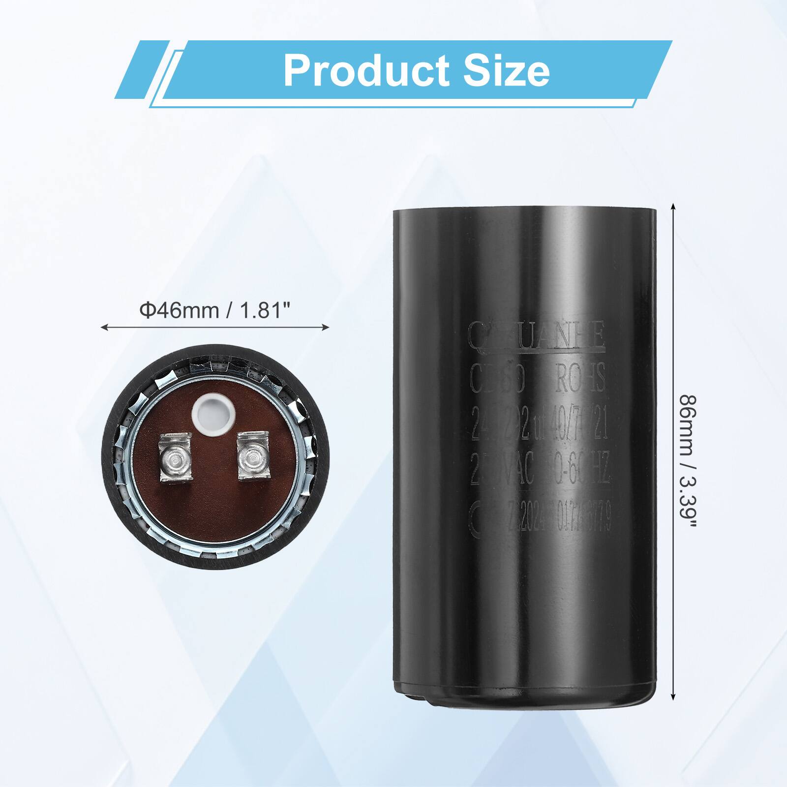 Product Size: 46mm / 1.81"  
C UANEE CD ROHS  
222morig O 2 2AC D-6UHZ  
1200 Dns  
86mm / 3.39"