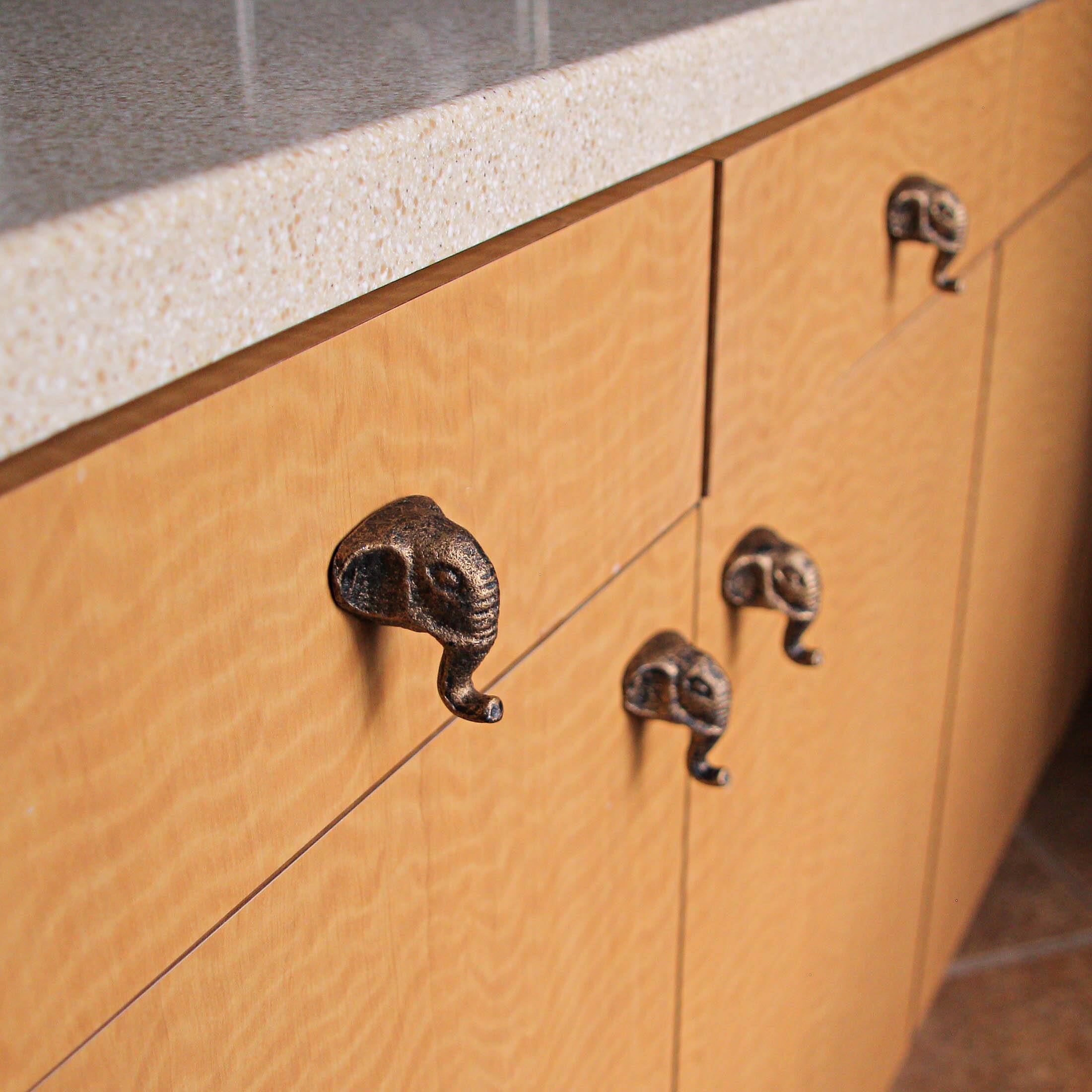 Alt View 3. Zeckos - Antique Gold Finish Cast Iron Elephant Head Cabinet Knob Drawer Pulls Set of 6 - Gold.