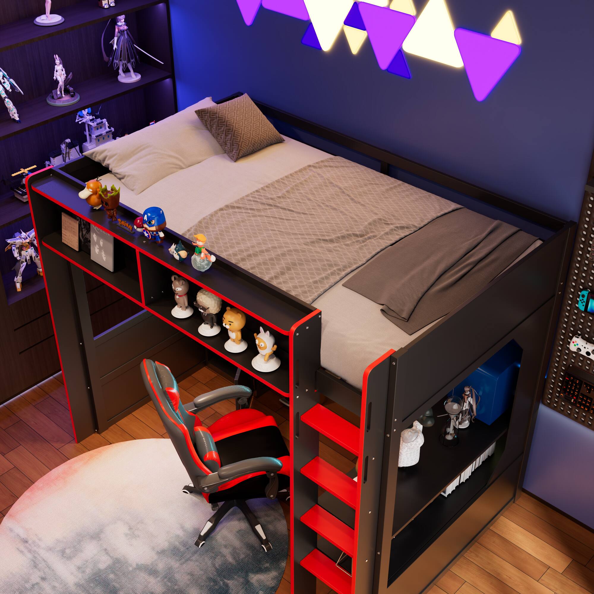 Left. Anysun - Twin Gaming Loft Bed with Integrated Desk & Lights - Wooden Frame, Built-in Charging Station. - Red.