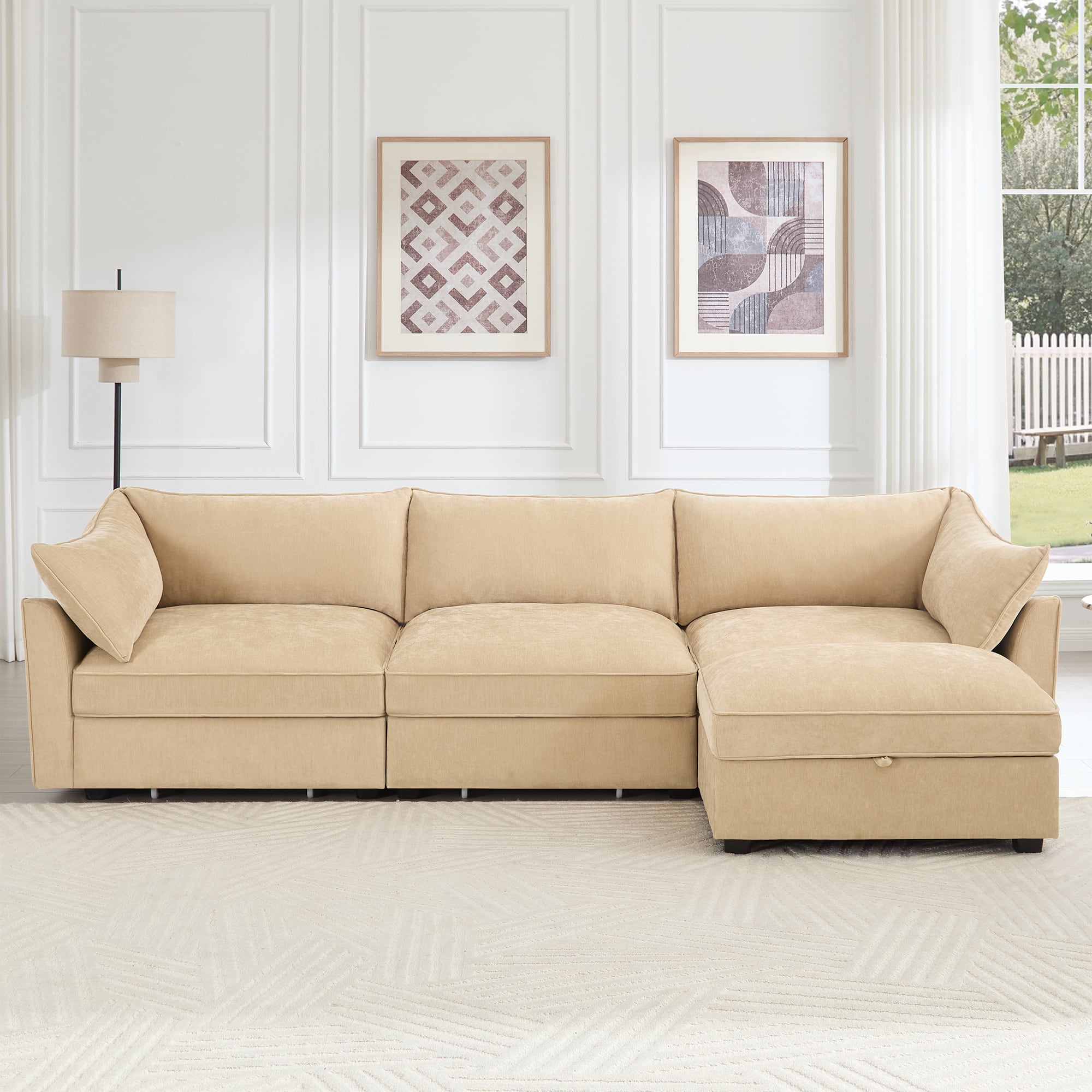 Aukfa - L-Shaped 3-Seater Modular Sofa with Footstool - Crescent Armrests, Chenille Fabric, Wraparound Cushions - Hazelwood