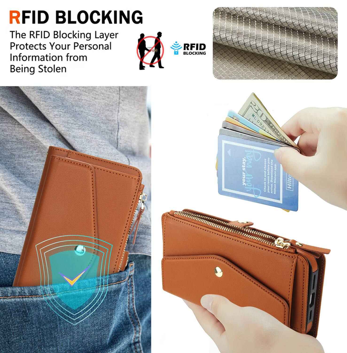 RFID BLOCKING  
The RFID Blocking Layer Protects Your Personal Information from Being Stolen  

RFID BLOCKING 20 ML L09212  

Stay.  
Check in before you arrive.  
Download the Hilton Honors app.
