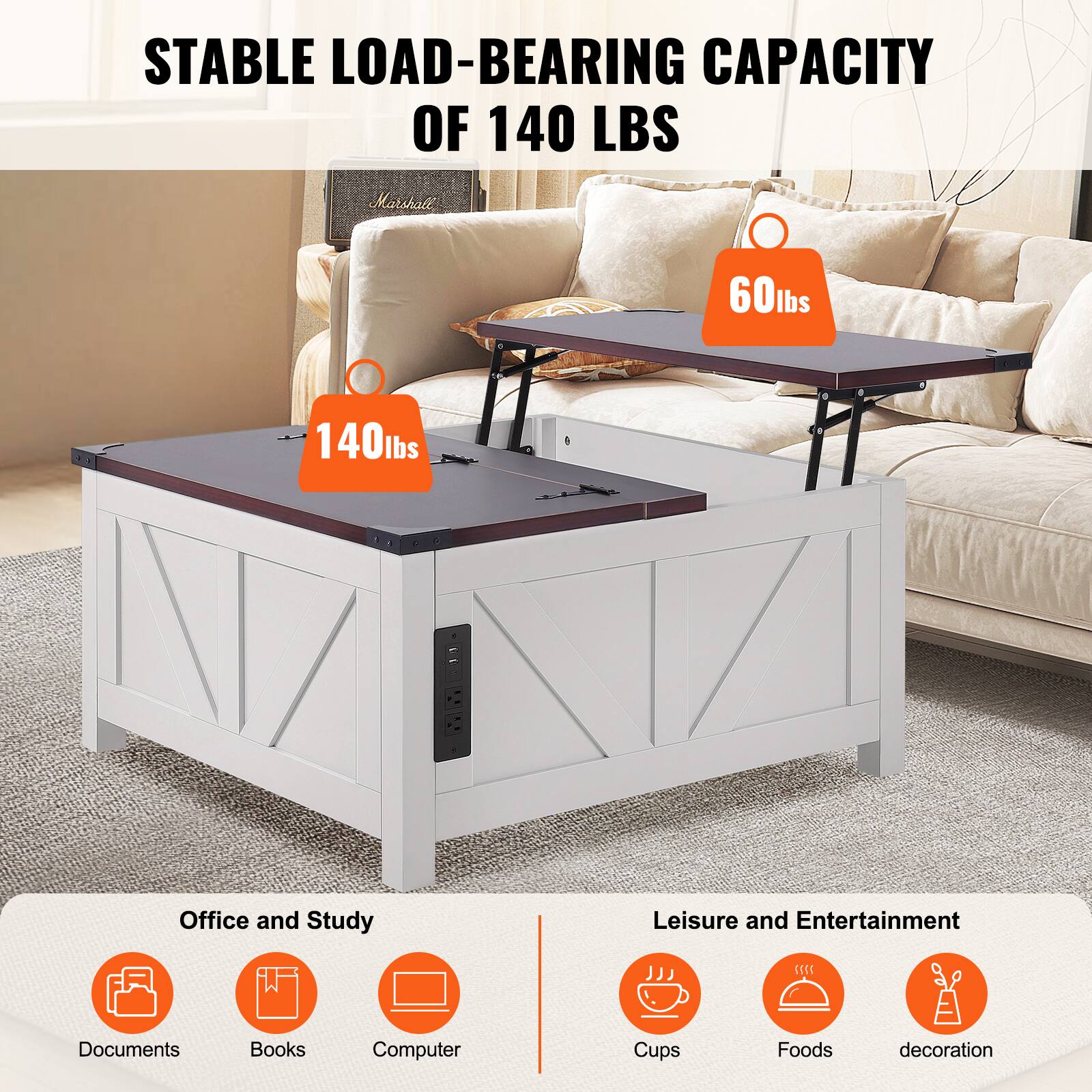 STABLE LOAD-BEARING CAPACITY OF 140 LBS

Office and Study
- Documents
- Books
- Computer

Leisure and Entertainment
- Cups
- Foods
- Decoration