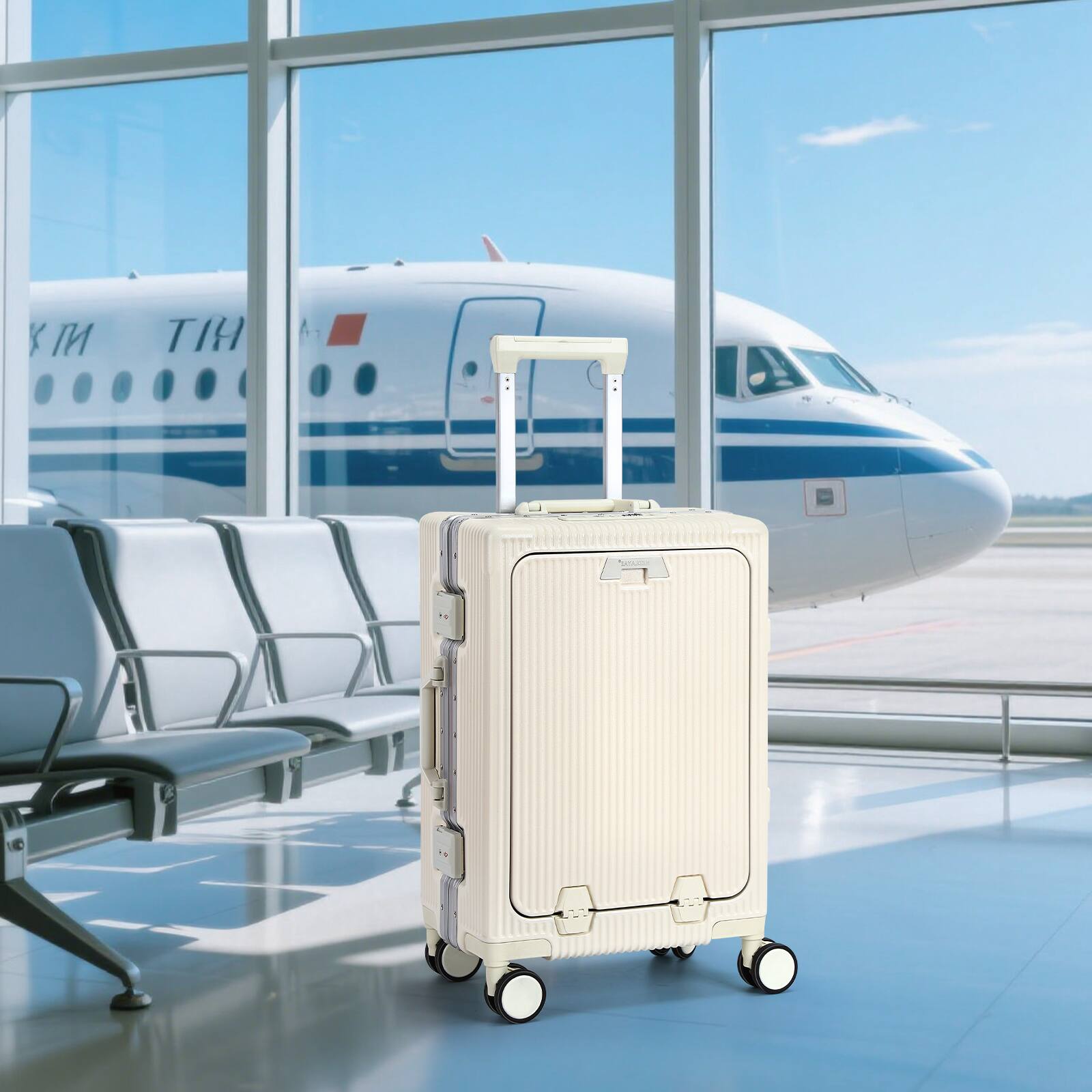 Alt View 3. Oumilen - 20 Inch Front Opening Aluminum Frame Carry On Luggage – ABS+PC Hard Shell with TSA Lock, USB Port, Cup Holder, Off White - Off White.