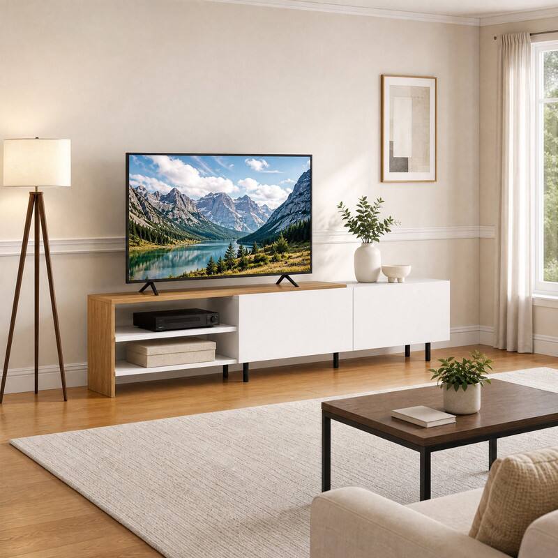 Angle. WELLFOR - Modern TV Stand for 80" TVs, Entertainment Center Media Console with Storage Shelves and Cabinets - White.