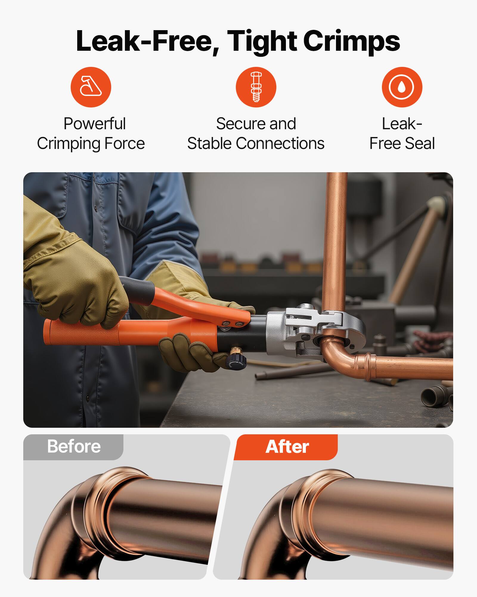 Leak-Free, Tight Crimps

- Powerful Crimping Force
- Secure and Stable Connections
- Leak-Free Seal

Before

After