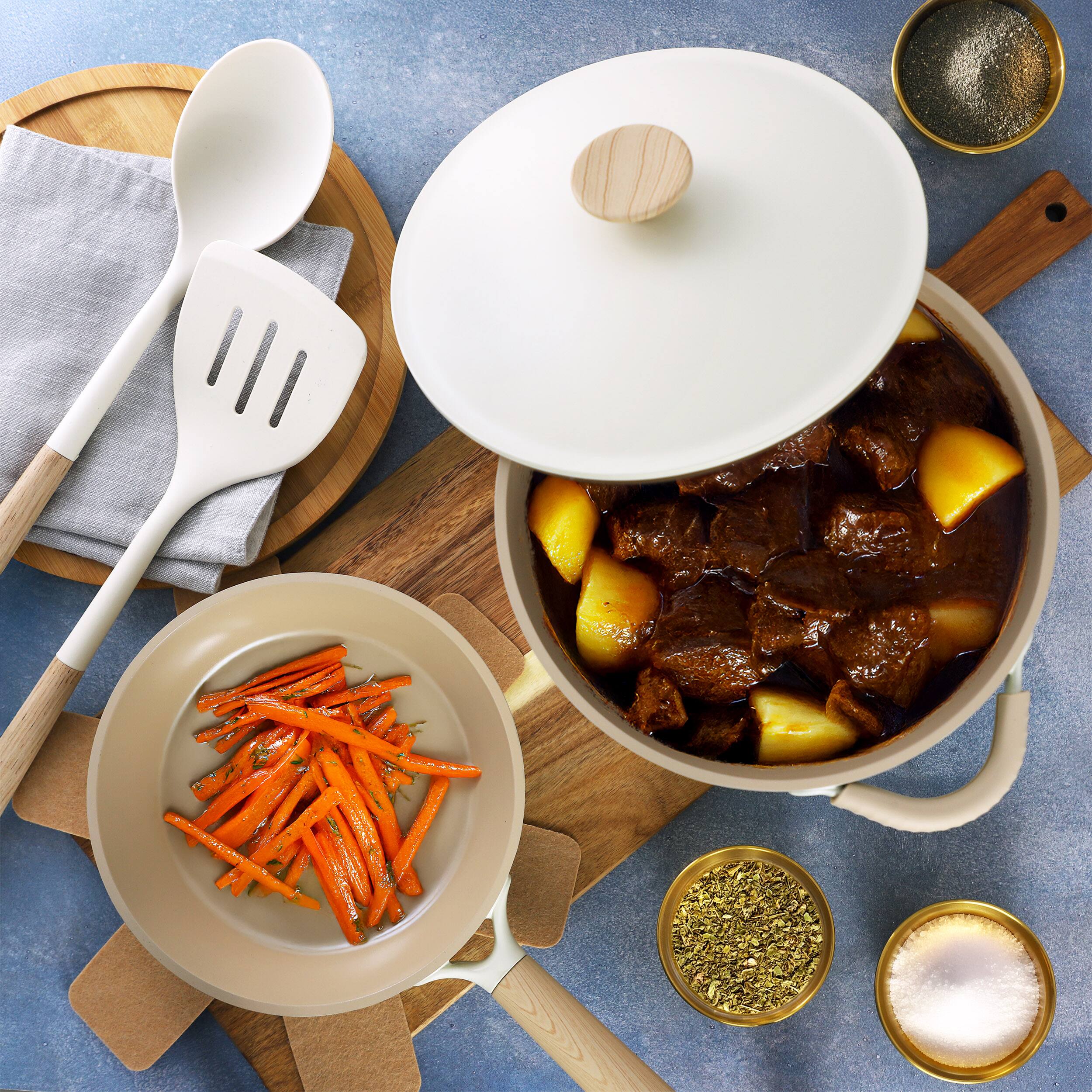 Alt View 5. Gibson - Gibson Elite Folkstone 13 Piece Ceramic Nonstick Cast Aluminum Cookware Set in Linen - Linen.