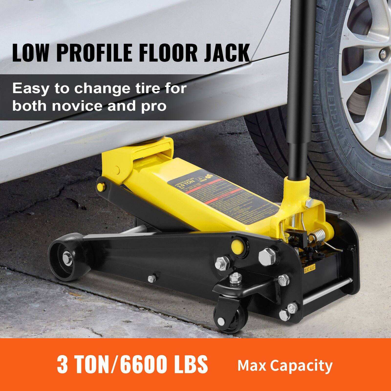 LOW PROFILE FLOOR JACK  
Easy to change tire for both novice and pro  

3 TON/6600 LBS  
Max Capacity