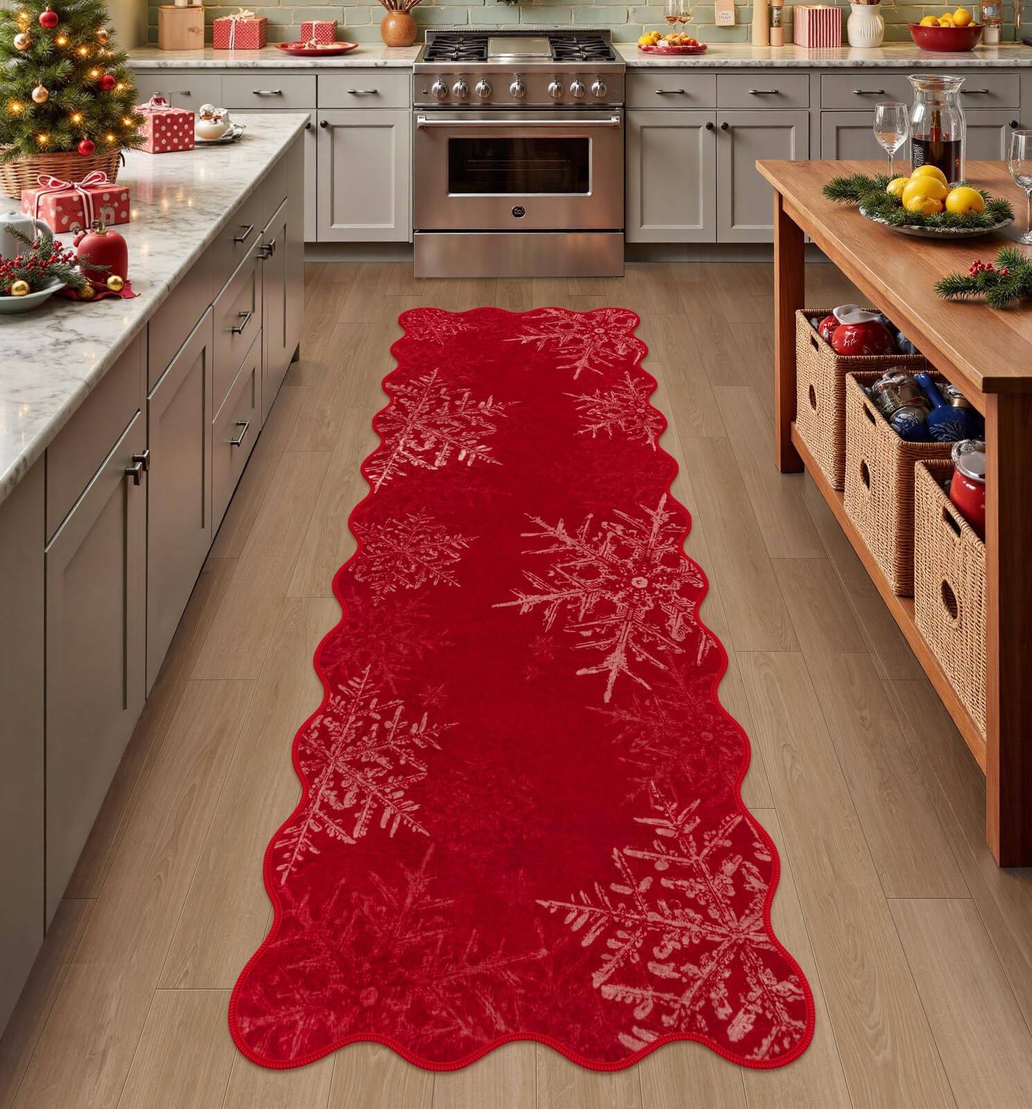 Alt View 2. Fabibe - 2X6 RED Indoor SNOWFLAKE CHRISTMAS RUNNER WASHABLE SCALLOPED RUNNER FOR HALLWAY, SOFT NON-SLIP XMAS KITCHEN RUNNER - Red Forest 2.6' x 8'.