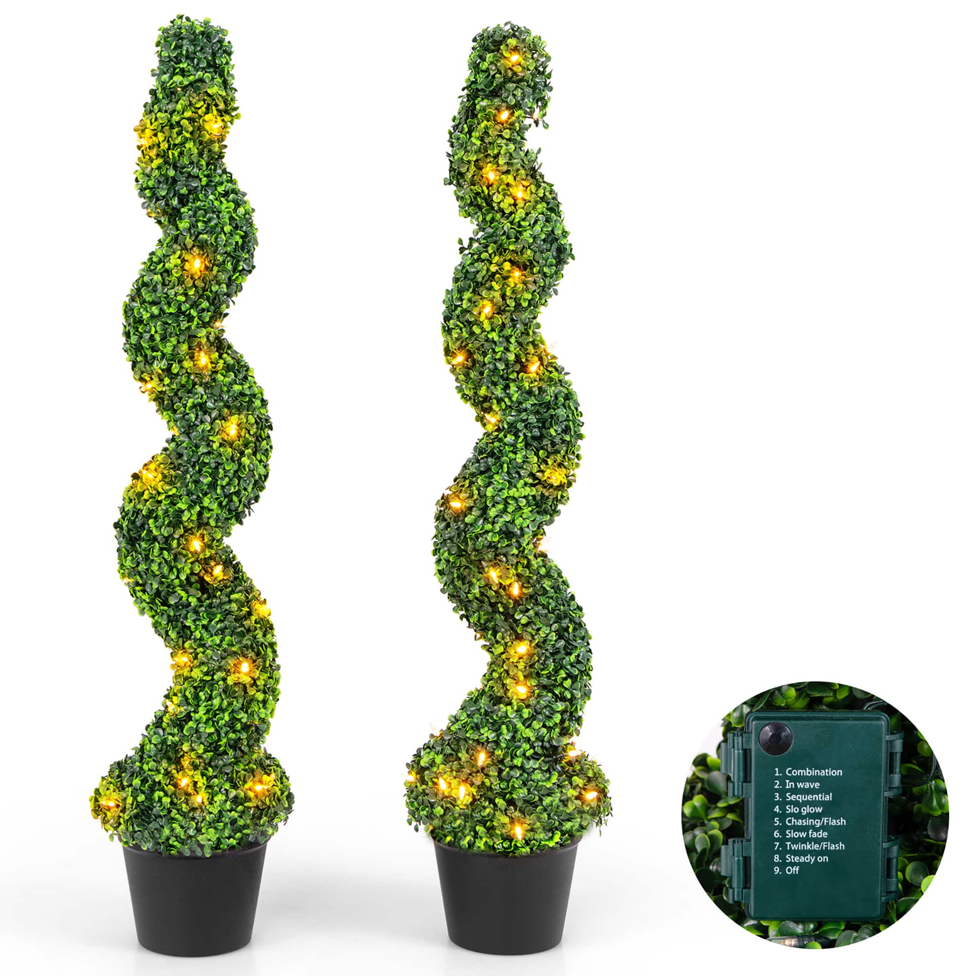 Gymax - 47'' Pre-Lit Artificial Boxwood Spiral Topiary Tree Set of 2 w/ 100 LED Lights - Green & Black
