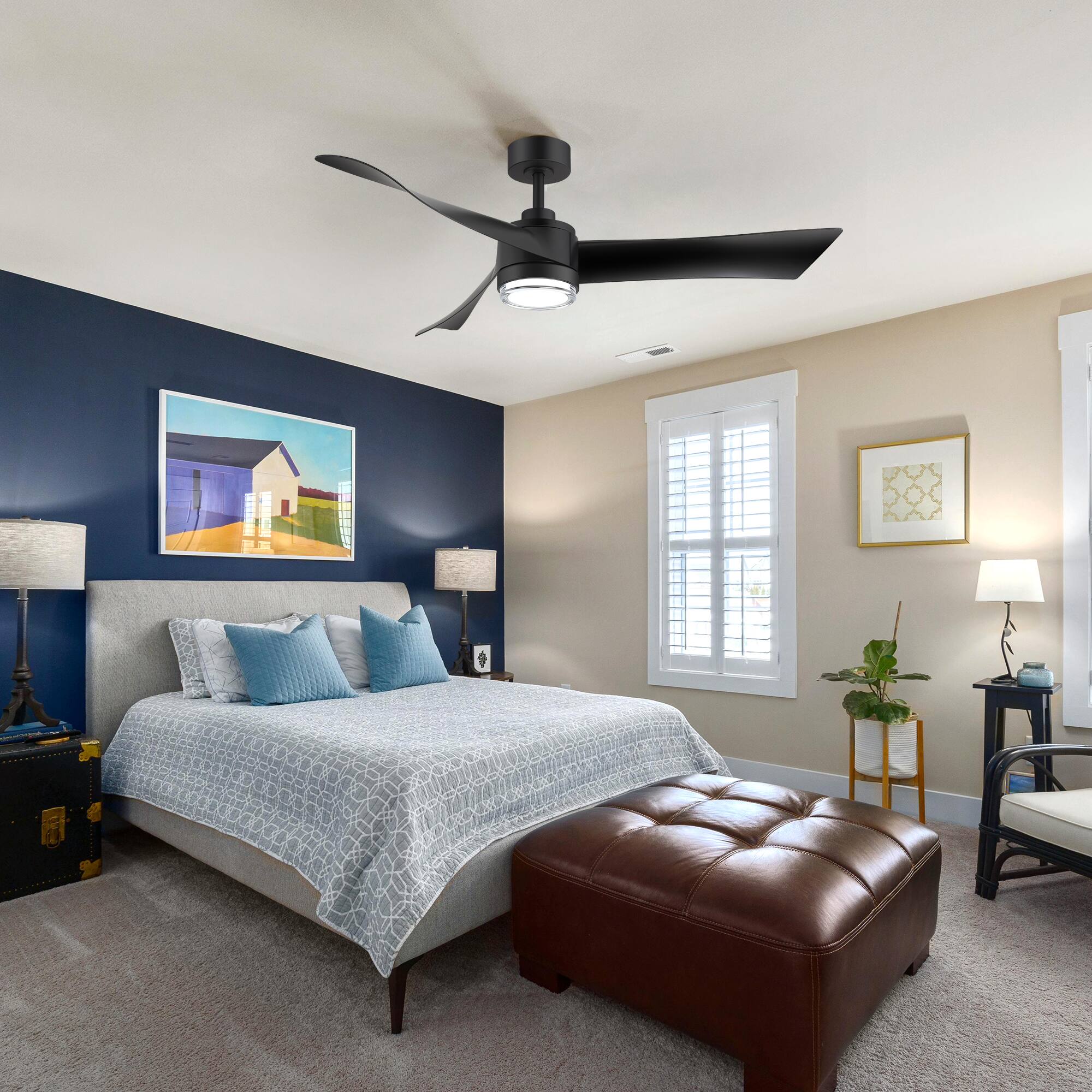 Alt View 2. Breezary - 54-Inch Modern LED Ceiling Fan with Remote, Dual-layer acrylic shade, 3 ABS Blades, 6-Speed DC Motor, Reversible & Timer - black.