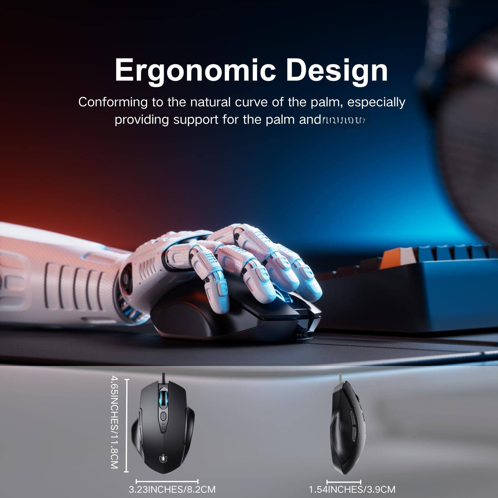 Ergonomic Design

Conforming to the natural curve of the palm, especially providing support for the palm and fingers.

4.65INCHES/11.8CM  
3.23INCHES/8.2CM  
1.54INCHES/3.9CM