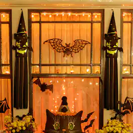 Oumilen - 2-Pack 53 Inch Lighted Halloween Witch Windsock, Warm White LED Bat Face Hanging Flag for Porch Yard Outdoor Decor - Black