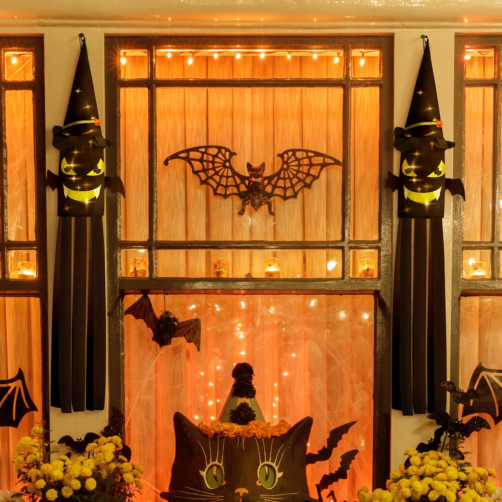 Front. Oumilen - 2-Pack 53 Inch Lighted Halloween Witch Windsock, Warm White LED Bat Face Hanging Flag for Porch Yard Outdoor Decor - Black.