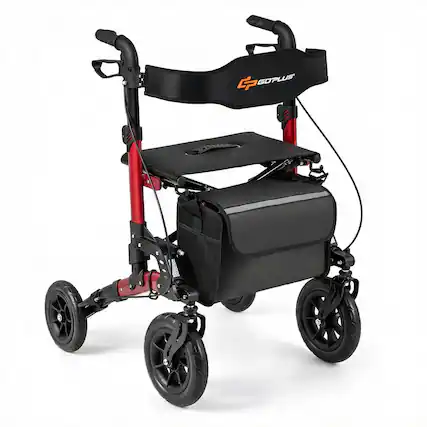 Front. Costway - Costway Rollator Walker for Seniors with Seat Mesh Backrest Spring Suspension Cane Holder - Red + Black.