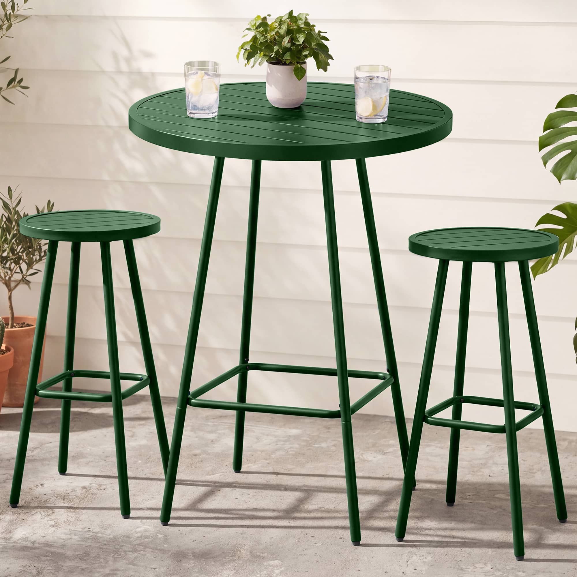 Best Choice Products - 3-Piece Steel Patio Bar Height Round Bistro Set w/ Backless Stools, Slatted Design - Dark Green