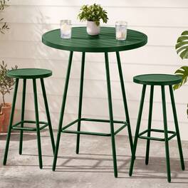 Best Choice Products - 3-Piece Steel Patio Bar Height Round Bistro Set w/ Backless Stools, Slatted Design - Dark Green
