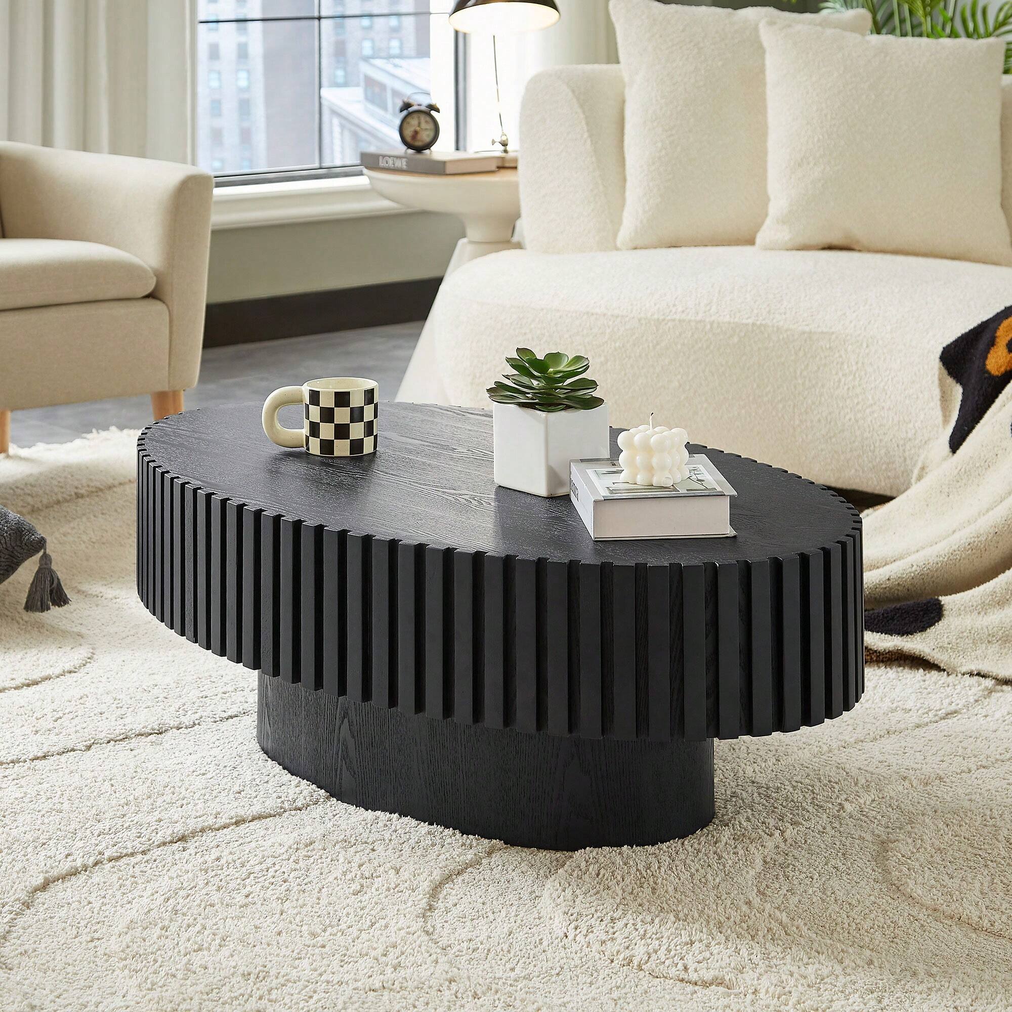 Back. Trinkets Crazed - Handcrafted Walnut Oval Coffee Table, Mid Century Modern Irregular Large 44 Inch Wood Drum Design - Black.
