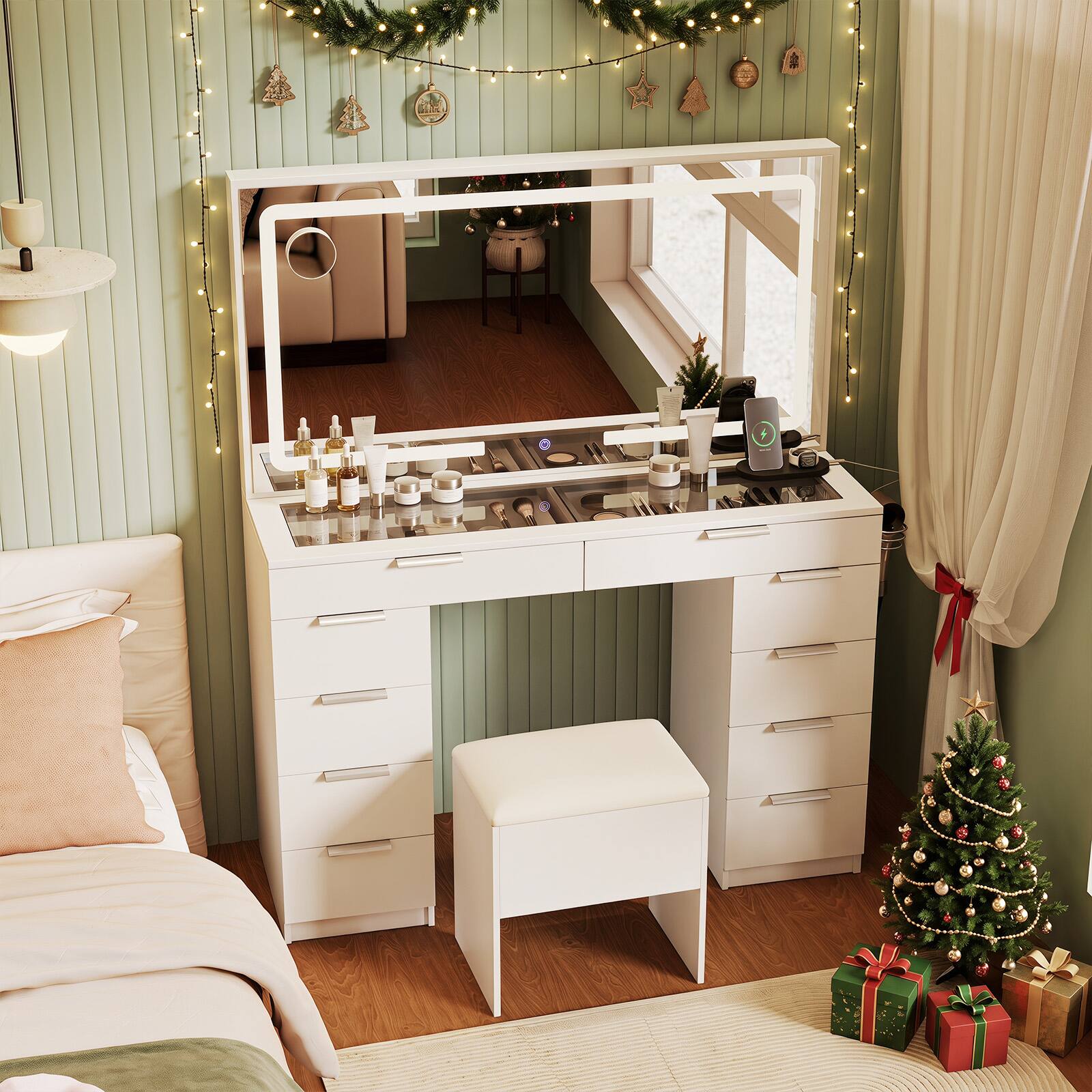 Alt View 4. Costway - Costway Vanity Desk with Mirror and Lights, Storage Cushioned Stool, Tempered Glass Top - White.