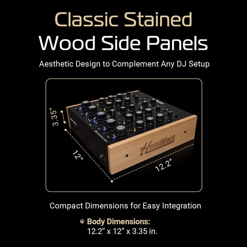 Classic Stained Wood Side Panels  
Aesthetic Design to Complement Any DJ Setup  

Compact Dimensions for Easy Integration  
Body Dimensions: 12.2" x 12" x 3.35 in.