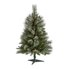 BreeBe - 3’ Snowed French Pine Xmas Tree w/135 Tips and Pine Cones - Green