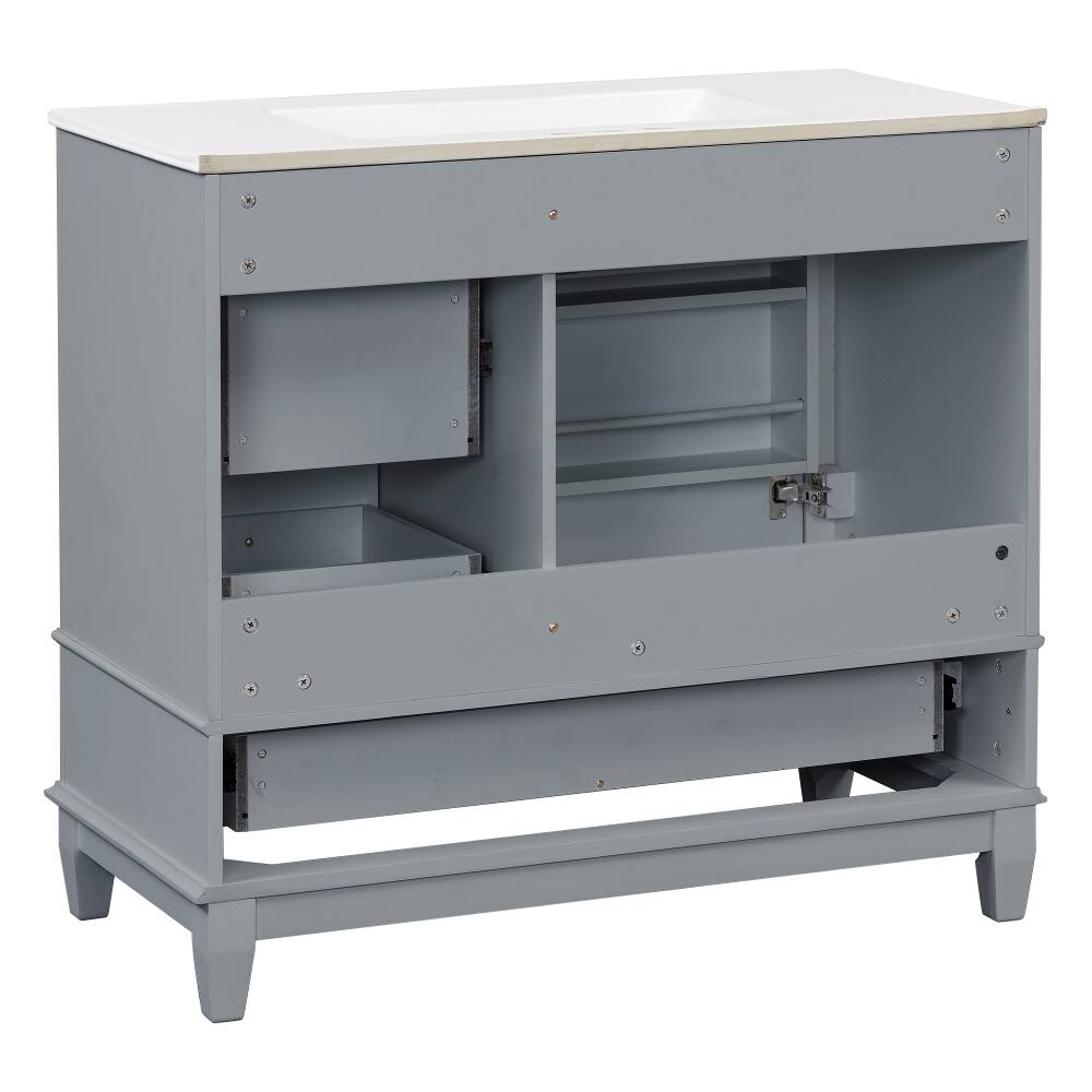 Alt View 4. Loheer - Loheer 36 inch bathroom vanity with ceramic sink top, gray freestanding vanity, 3 drawers and cabinet - Gray.