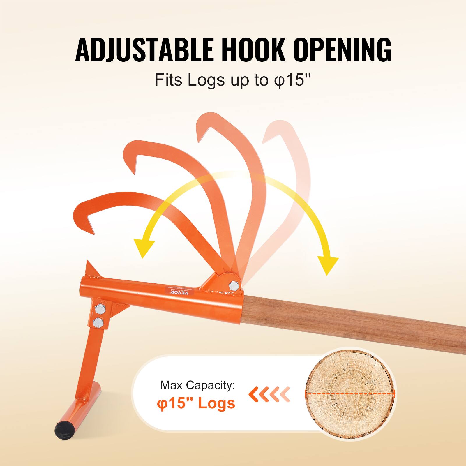 ADJUSTABLE HOOK OPENING  
Fits Logs up to Ø15"  

Max Capacity: Ø15" Logs